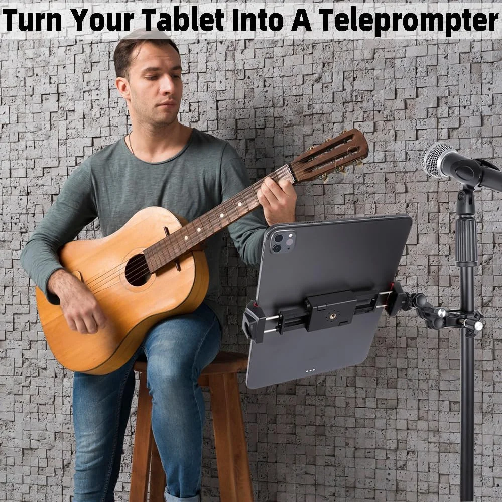 پایه نگهدارنده تبلت آلومینیومی برای پایه میکروفون، گیره نگهدارنده تبلت برای پایه میکروفون/تردمیل/کالسکه/دوچرخه ثابت، سازگار با آیپد پرو 12.9، گلکسی تب و گوشی های 4.7-13 اینچی