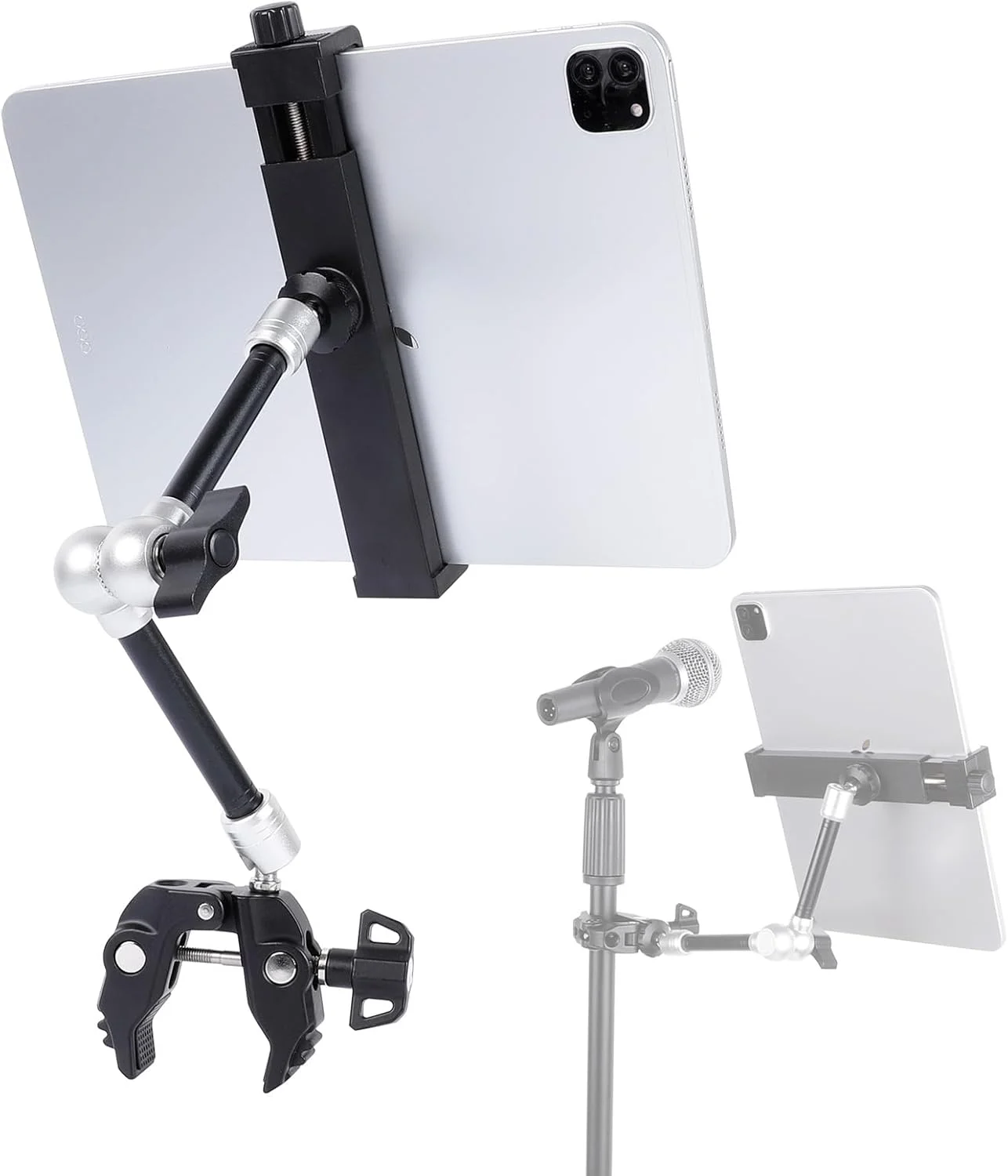 نگهدارنده تبلت با گیره محکم و بازوی جادویی آلیاژ آلومینیوم 10 اینچی برای پایه میکروفون، نگهدارنده پایه نت موسیقی میکروفون آیپد با نصب جانبی سازگار با آیپد پرو 12.9 ایر مینی/نکسوس/تبلت سامسونگ گلکسی