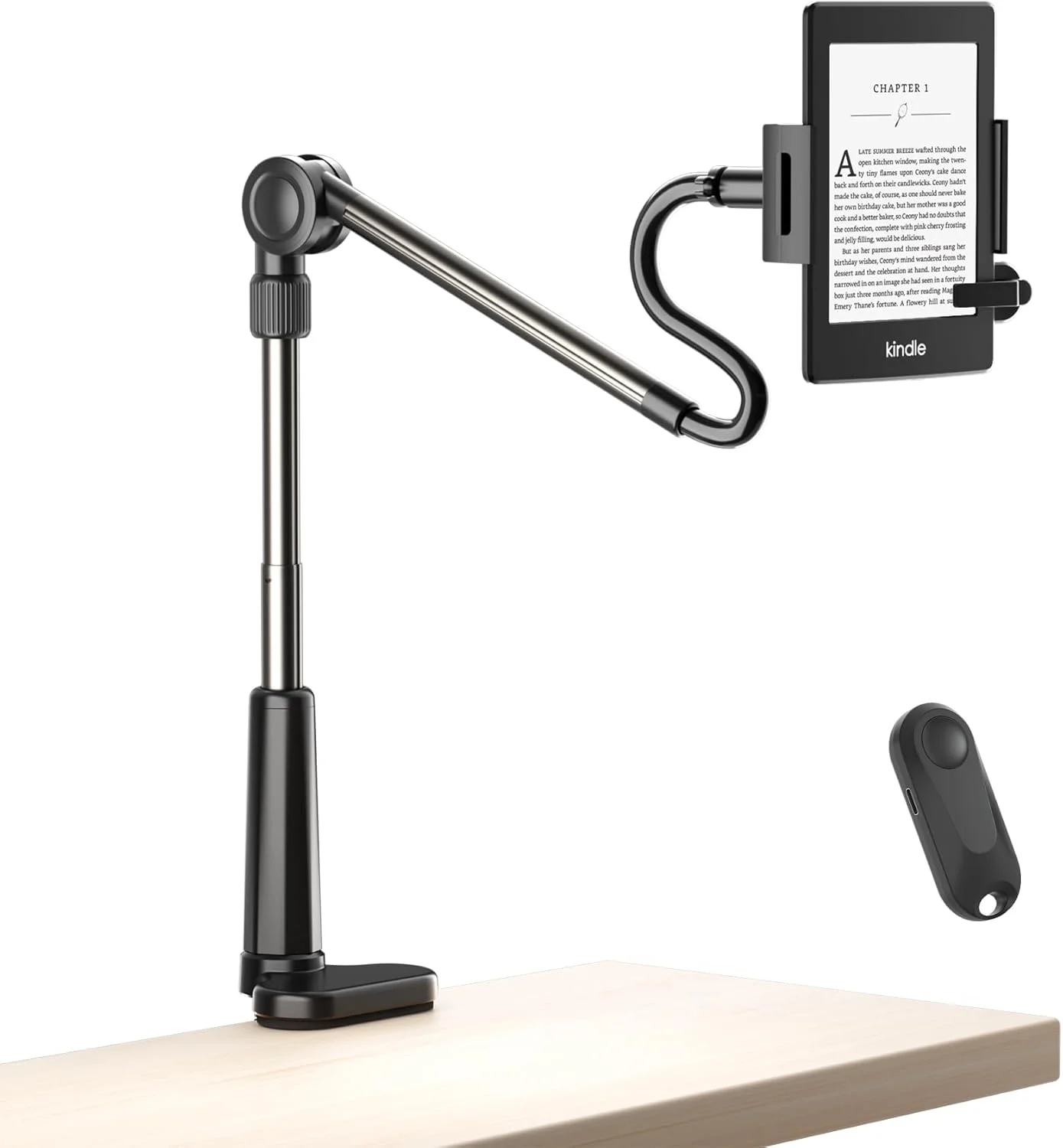پایه تبلت تاشو برای کتاب خواندن در رختخواب با ریموت کنترل ورق زن، بدون سختی، تنظیم آسان، بازوی انعطاف پذیر تبلت، لوازم جانبی کتابخوان الکترونیکی برای Kindle Paperwhite/Scribe/Oasis، iPad، تلفن