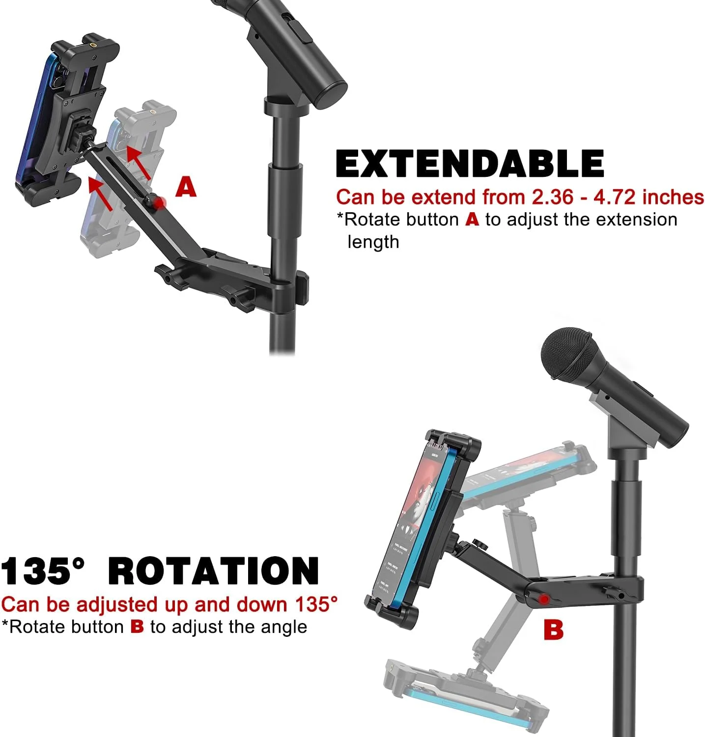 نگهدارنده آیپد برای پایه میکروفون، نگهدارنده پایه میکروفون تبلت قابل افزایش با گیره C، پایه میکروفون تبلت قابل تنظیم با چرخش 360 درجه برای همه تبلت ها و تلفن های هوشمند 4.7-13.5 اینچی