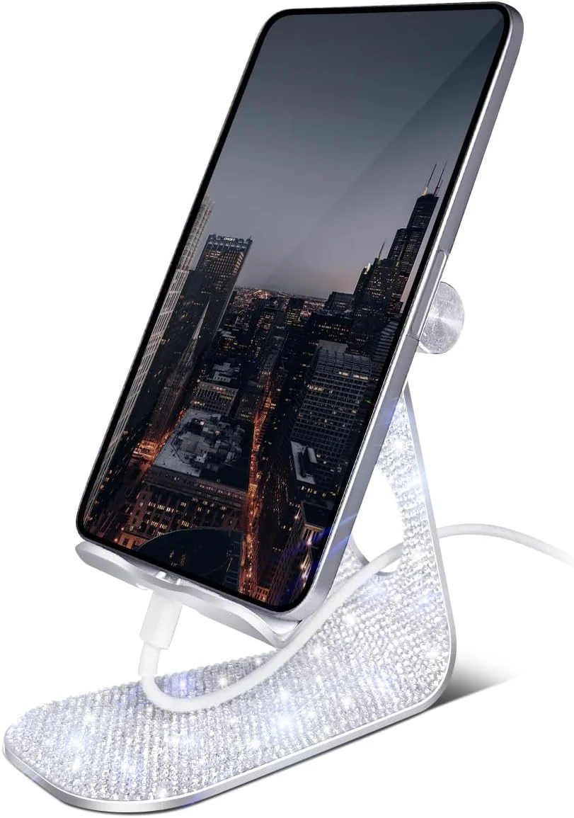 پایه تبلت کریستالی براق برای میز، نگهدارنده تبلت قابل تنظیم اکلیلی، پایه نگهدارنده سازگار با آیپد پرو 11، 9.7، 10.5، 12.9 ایر مینی 4 3 2، کیندل، نکسوس، تبلت های 4-13 اینچی (نقره ای)