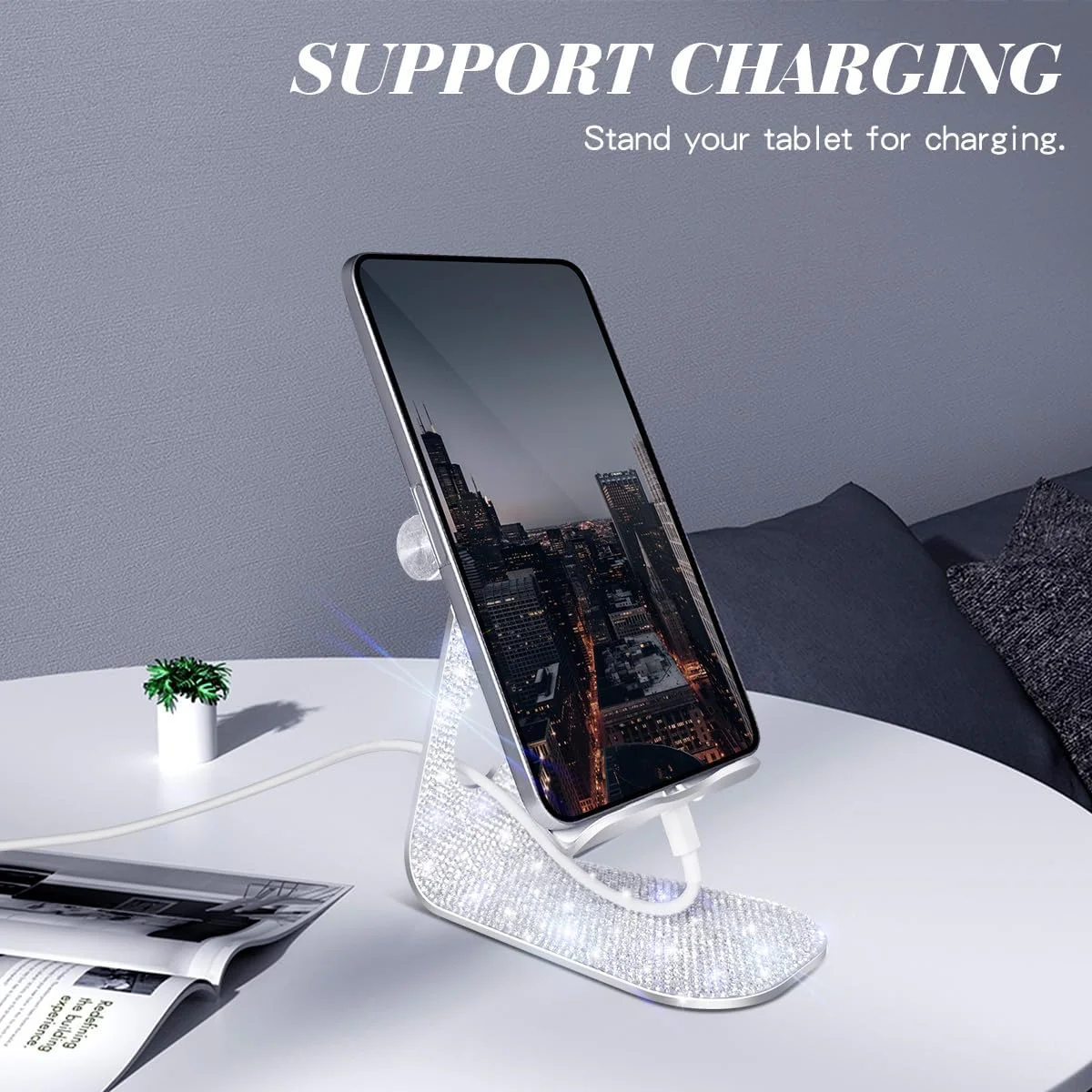 پایه تبلت کریستالی براق برای میز، نگهدارنده تبلت قابل تنظیم اکلیلی، پایه نگهدارنده سازگار با آیپد پرو 11، 9.7، 10.5، 12.9 ایر مینی 4 3 2، کیندل، نکسوس، تبلت های 4-13 اینچی (نقره ای)