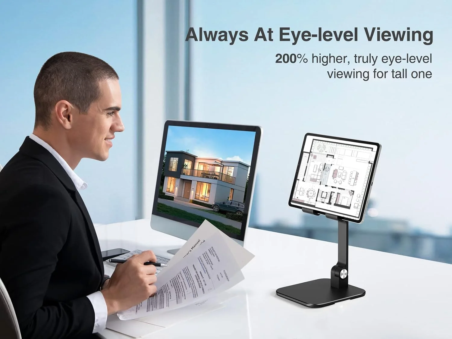 پایه آیپد آلومینیومی elitehood برای میز [فوق العاده پایدار و محکم]، پایه تبلت با قابلیت تنظیم ارتفاع، نگهدارنده تبلت قابل حمل برای دفتر کار خانگی، سازگار با آیپد پرو 12.9، آیپد ایر مینی 6 5 4 3، مشکی