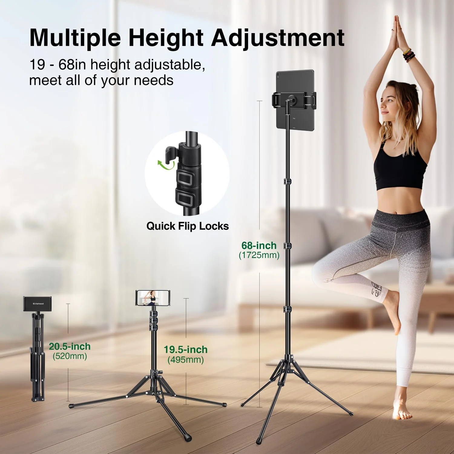 پایه نگهدارنده تبلت آلومینیومی Elitehood (جمع و جور و سبک وزن)، سه پایه آیپد قابل تنظیم با نگهدارنده تبلت جداشدنی رزوه 5/8 اینچی، پایه تبلت چرخشی 360 درجه برای تبلت ها و تلفن های 4.7-13 اینچی