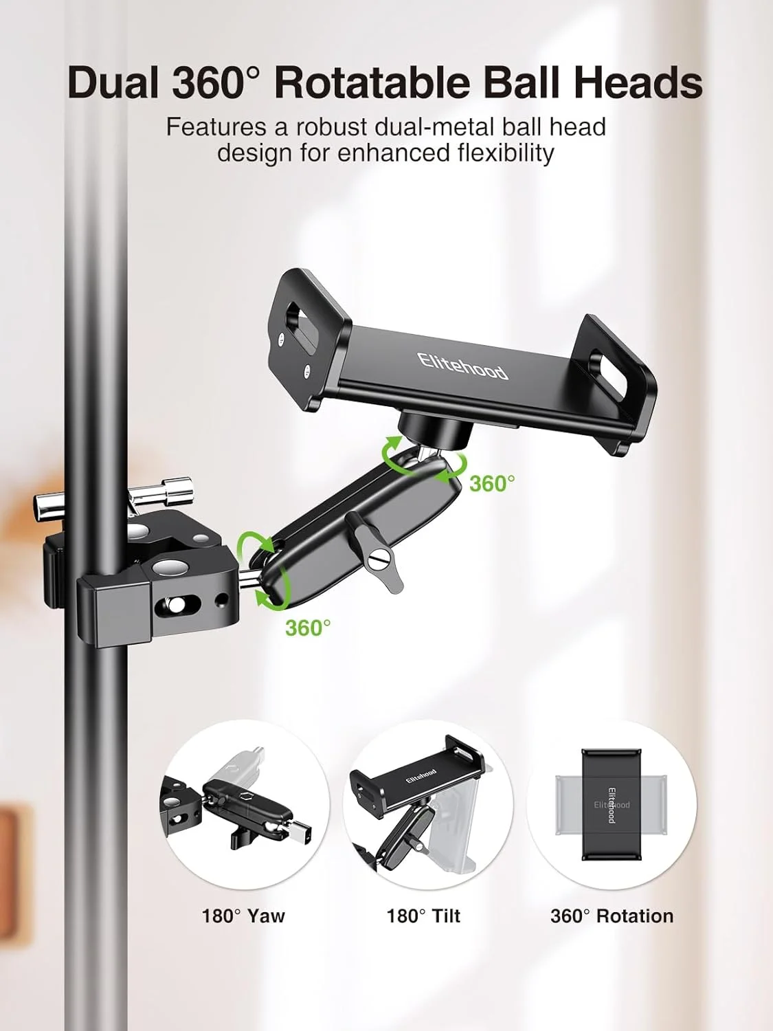 نگهدارنده تبلت دو سر توپی آلومینیومی Elitehood برای پایه میکروفون، نگهدارنده قابل تنظیم آیپد روی پایه میکروفون، نگهدارنده گوشی موبایل با نصب جانبی روی پایه نت موسیقی برای آیپد، آیفون، تبلت های 4 تا 12.9 اینچی