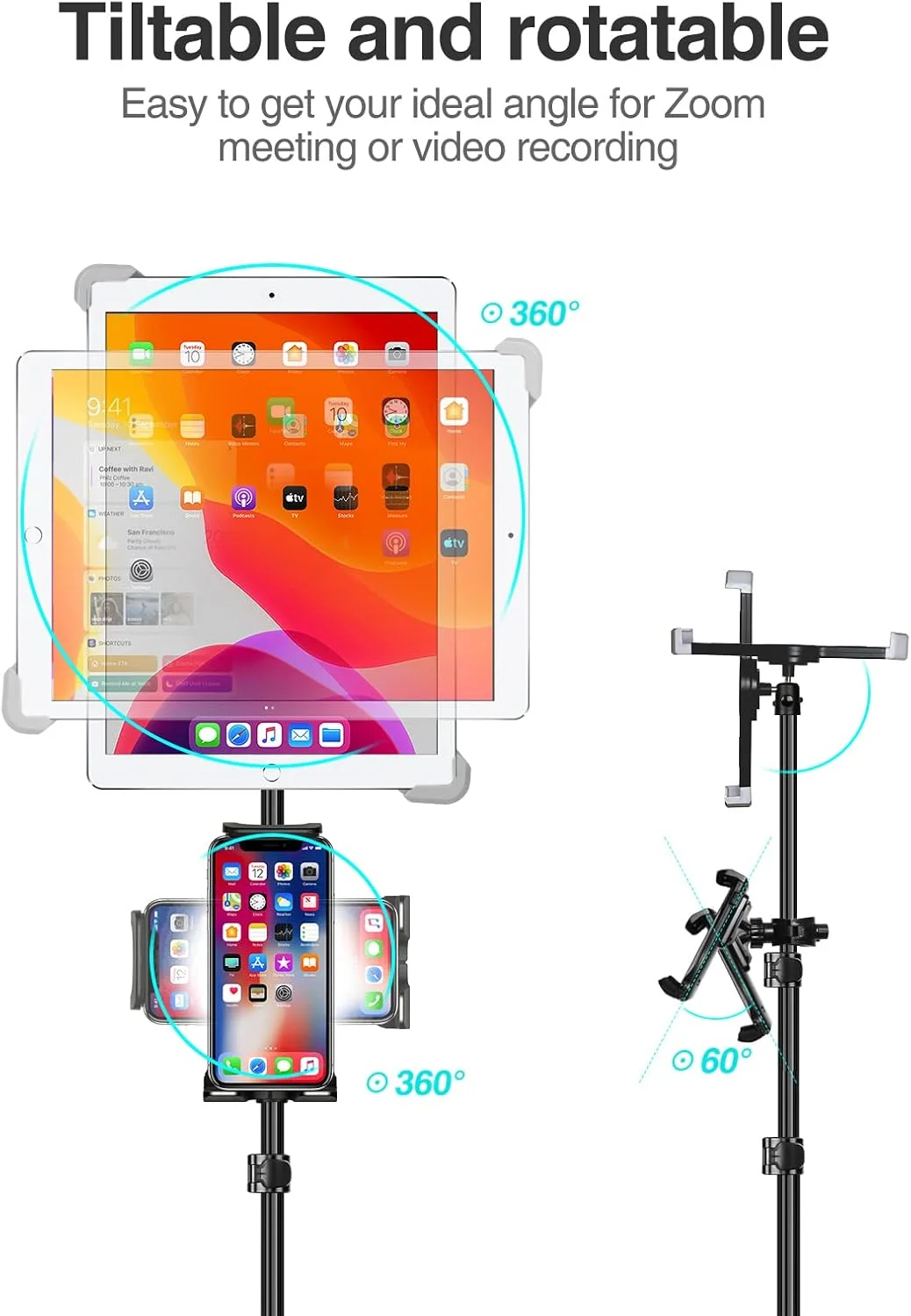 پایه نگهدارنده سه پایه آیپد الیت هود، پایه آیپد با قابلیت تنظیم ارتفاع 65 اینچی، سه پایه تبلت با چرخش 360 درجه برای موسیقی، سازگار با آیپد پرو 13 12.9 11 ایر و تمام تبلت های 4-14.5 اینچی