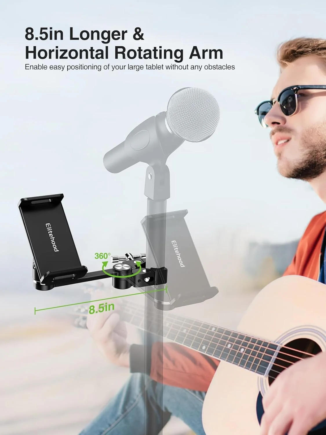 نگهدارنده آیپد بازویی بلند 8.5 اینچی elitehood برای پایه میکروفون، نگهدارنده تبلت پایه میکروفون آلومینیومی قابل تنظیم 360 درجه برای میکروفون و موسیقی صحنه، پایه آیپد سازگار با تبلت های 4-13 اینچی، آیفون و تلفن ها