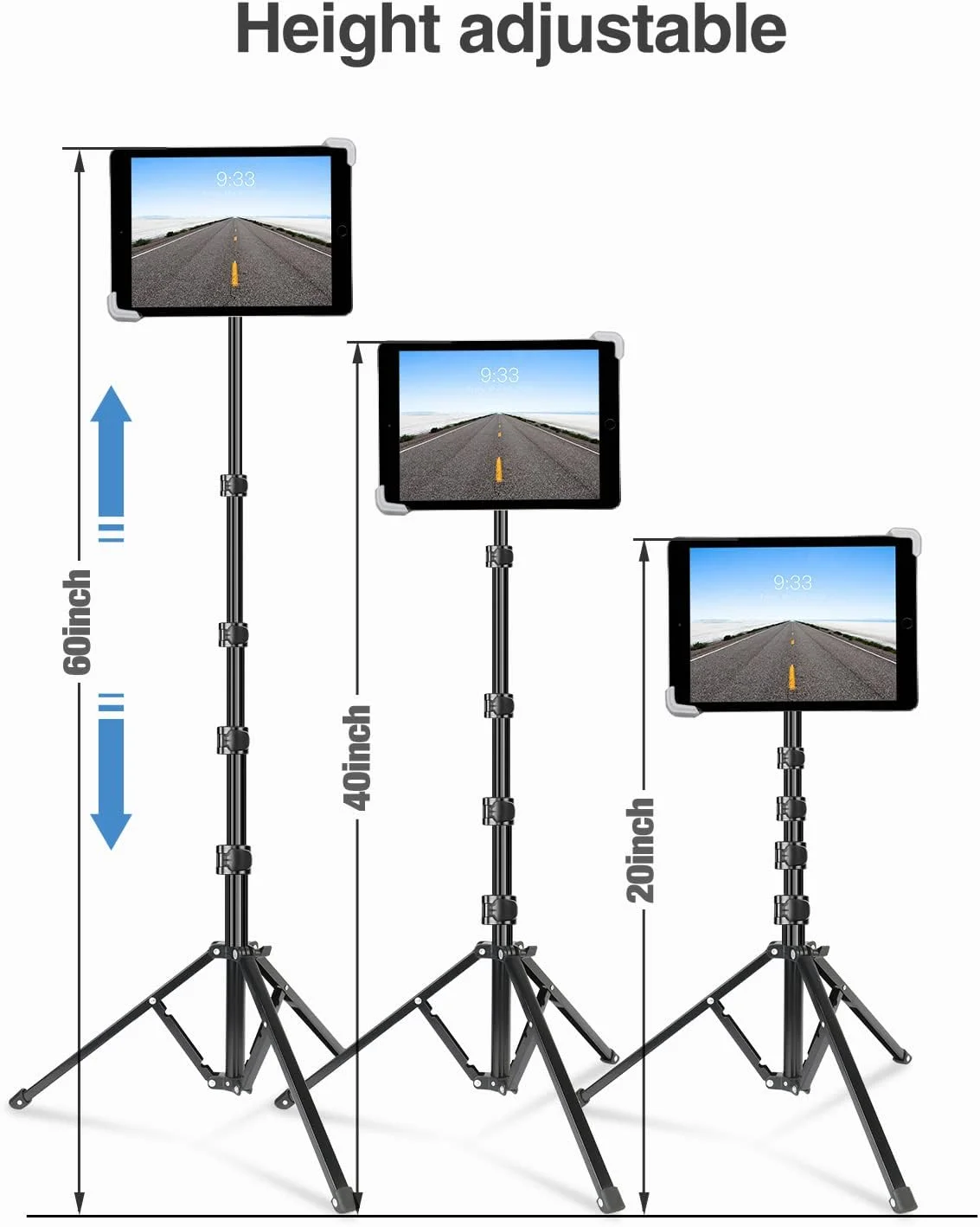 پایه نگهدارنده سه پایه آیپد الیت هود، پایه آیپد با قابلیت تنظیم ارتفاع 65 اینچی، سه پایه تبلت با چرخش 360 درجه برای موسیقی، سازگار با آیپد پرو 13 12.9 11 ایر و تمام تبلت های 4-14.5 اینچی