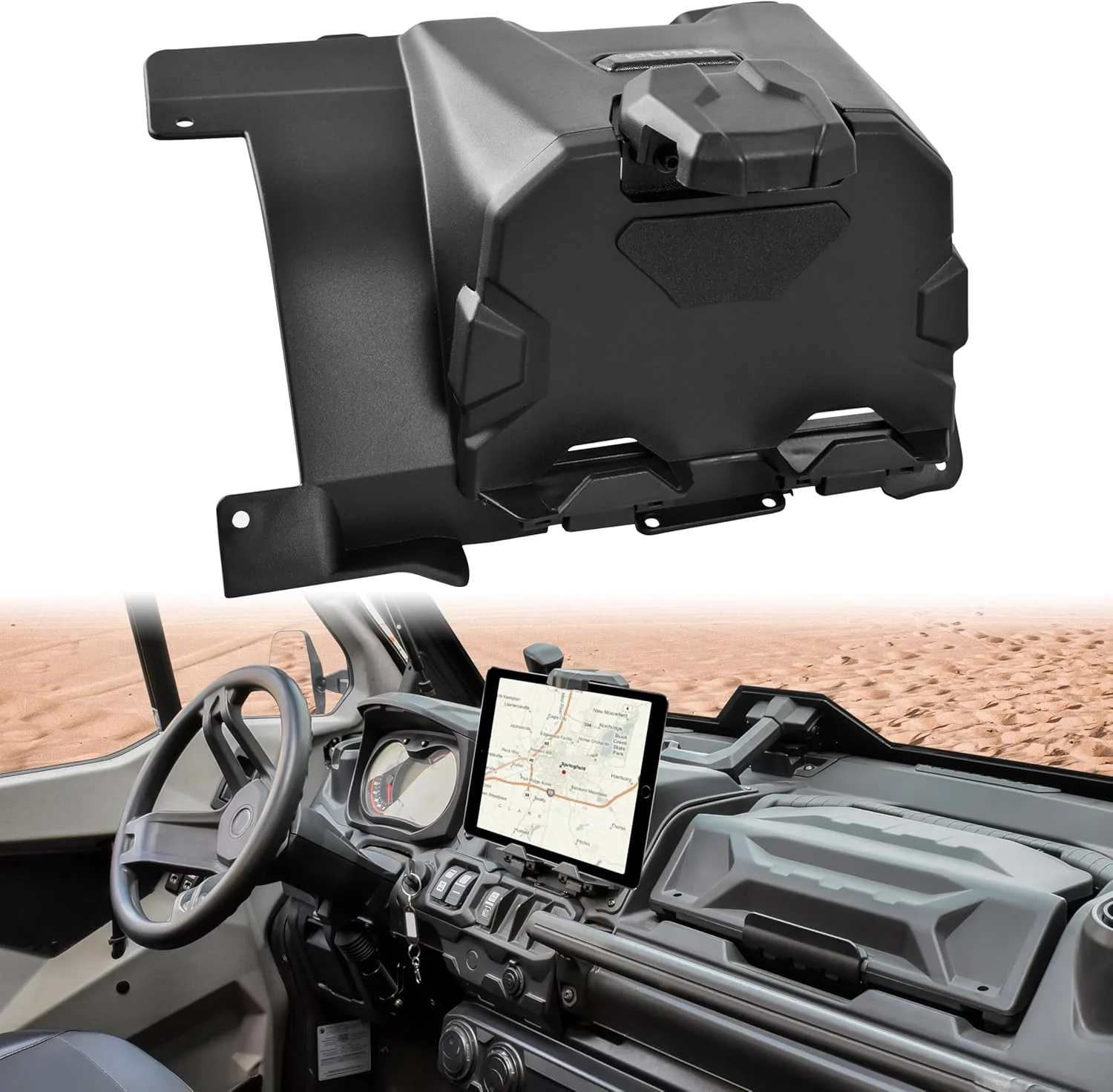 نگهدارنده دستگاه الکترونیکی با جعبه ذخیره سازی یکپارچه برای لوازم جانبی Can Am Defender/MAX 2016-2023، نگهدارنده تلفن، پایه تبلت، جعبه ذخیره سازی داشبورد مناسب برای سیستم تهویه حرارتی نیست