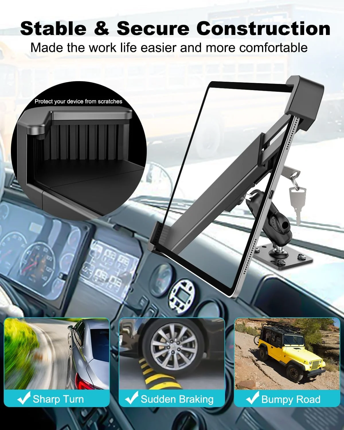 پایه تبلت خودرویی امنیتی، نگهدارنده تبلت صنعتی سنگین با قفل و کلید، پایه ضد سرقت چرخان 360 درجه برای ELD/کامیون نیمه سنگین/خودروی تجاری، برای آیپد پرو 12.9 ایر 13، دستگاه های 9-14 اینچی