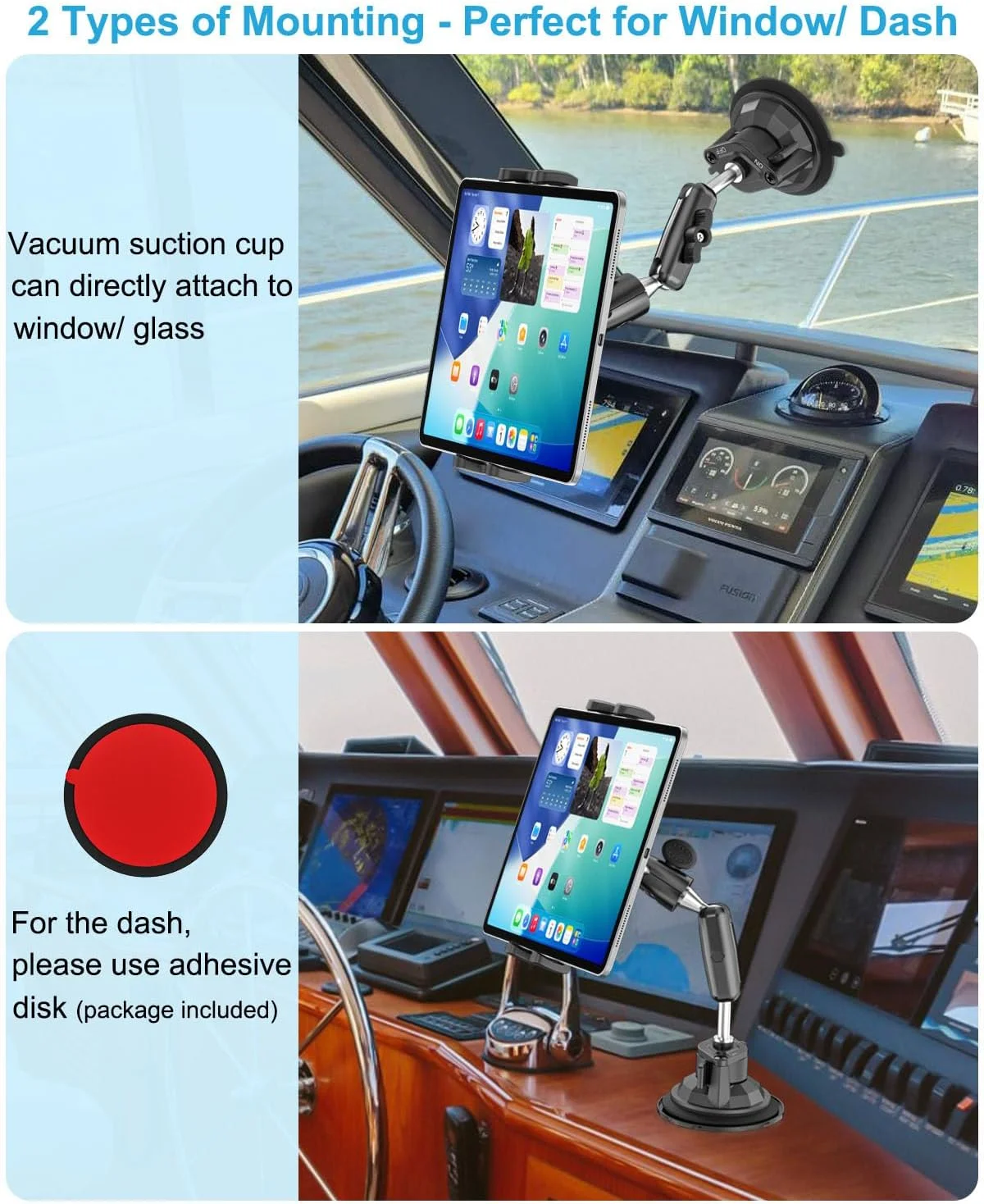 پایه تبلت قایق، [قوی ترین مکش] نگهدارنده تبلت شیشه جلوی دریایی سنگین، بازوی فلزی 360 درجه پایه داشبورد پنجره کابین خلبان قایق برای آیپد پرو 12.9 11 ایر مینی، تب، زد فولد، آیفون، دستگاه 4-13 اینچی