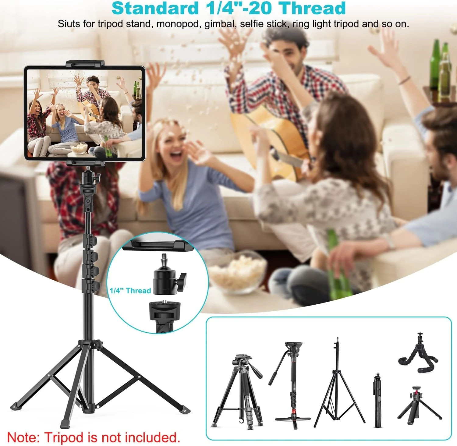 آداپتور اتصال سه پایه برای آیپد، نگهدارنده سه پایه تبلت [تا 15.6 اینچ] با سر توپی چرخان 360 درجه و رزوه 1/4 اینچی، سازگار با آیپد پرو 13 12.9 ایر مینی، گلکسی تب، آیفون، دستگاه 6.1-15.6 اینچی