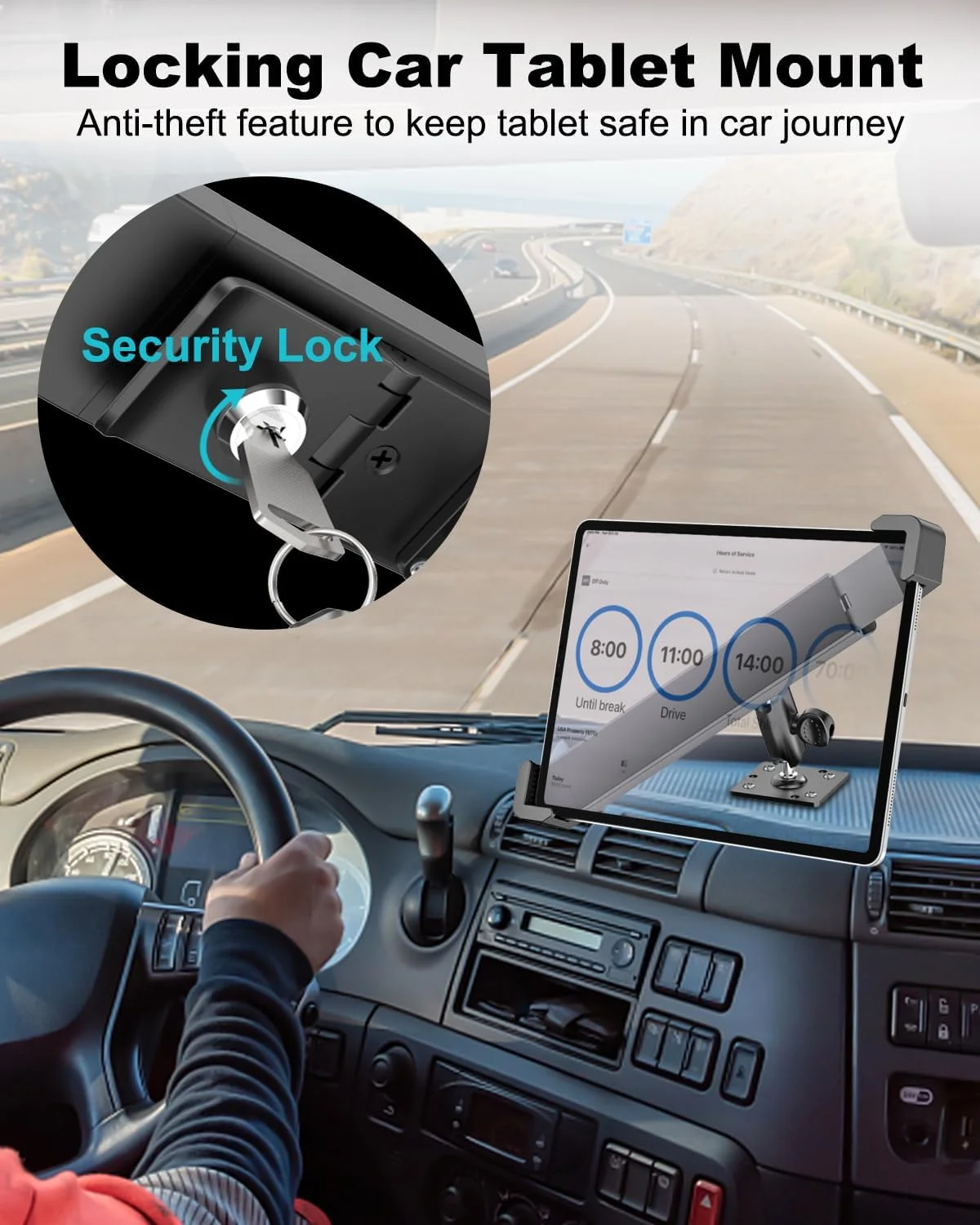 پایه تبلت خودرویی امنیتی، نگهدارنده تبلت صنعتی سنگین با قفل و کلید، پایه ضد سرقت چرخان 360 درجه برای ELD/کامیون نیمه سنگین/خودروی تجاری، برای آیپد پرو 12.9 ایر 13، دستگاه های 9-14 اینچی