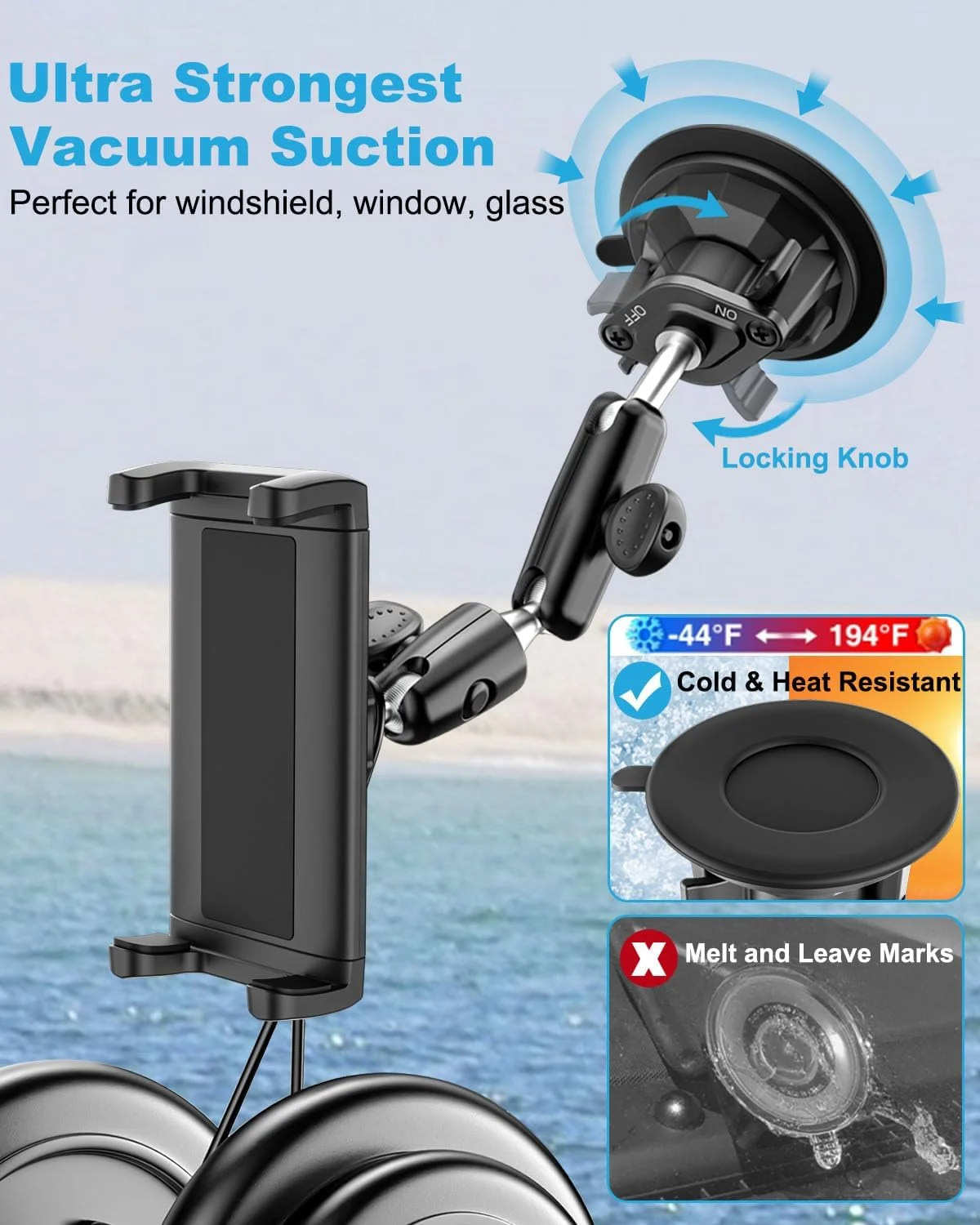 پایه تبلت قایق، [قوی ترین مکش] نگهدارنده تبلت شیشه جلوی دریایی سنگین، بازوی فلزی 360 درجه پایه داشبورد پنجره کابین خلبان قایق برای آیپد پرو 12.9 11 ایر مینی، تب، زد فولد، آیفون، دستگاه 4-13 اینچی