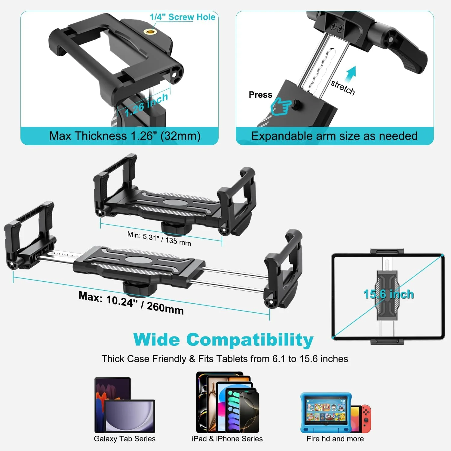 آداپتور اتصال سه پایه برای آیپد، نگهدارنده سه پایه تبلت [تا 15.6 اینچ] با سر توپی چرخان 360 درجه و رزوه 1/4 اینچی، سازگار با آیپد پرو 13 12.9 ایر مینی، گلکسی تب، آیفون، دستگاه 6.1-15.6 اینچی