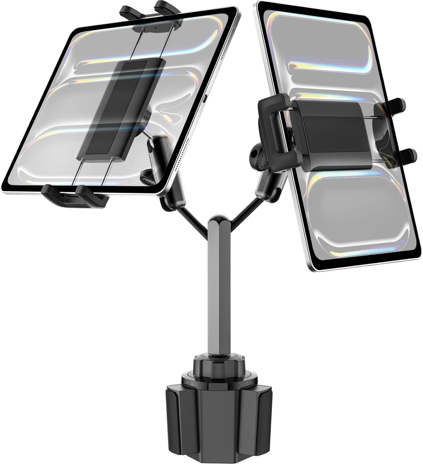 پایه نگهدارنده تبلت لیوانی خودرو، نگهدارنده تبلت دوگانه مقاوم برای کامیون، [بازوی آلومینیومی دوبل] نگهدارنده لیوانی قابل تنظیم سازگار با آیپد پرو 12.9 مینی ایر، گلکسی تب، زد فولد، آیفون، دستگاه 4-13 اینچی