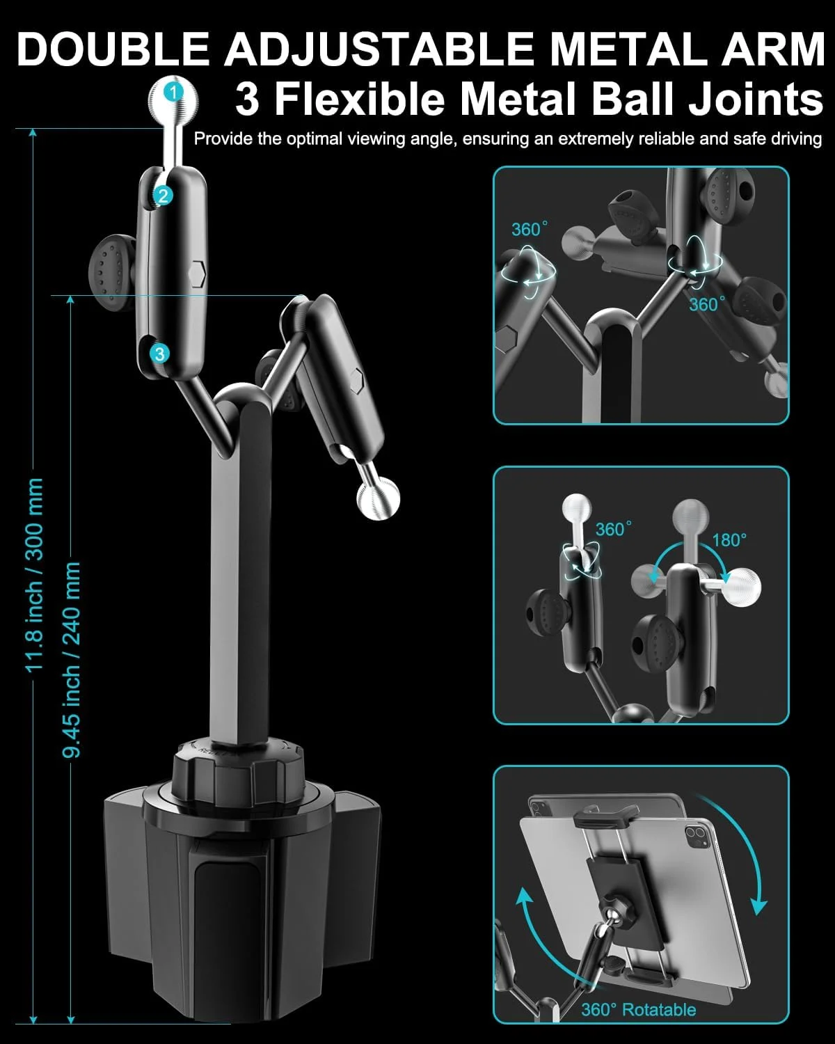 پایه نگهدارنده تبلت لیوانی خودرو، نگهدارنده تبلت دوگانه مقاوم برای کامیون، [بازوی آلومینیومی دوبل] نگهدارنده لیوانی قابل تنظیم سازگار با آیپد پرو 12.9 مینی ایر، گلکسی تب، زد فولد، آیفون، دستگاه 4-13 اینچی