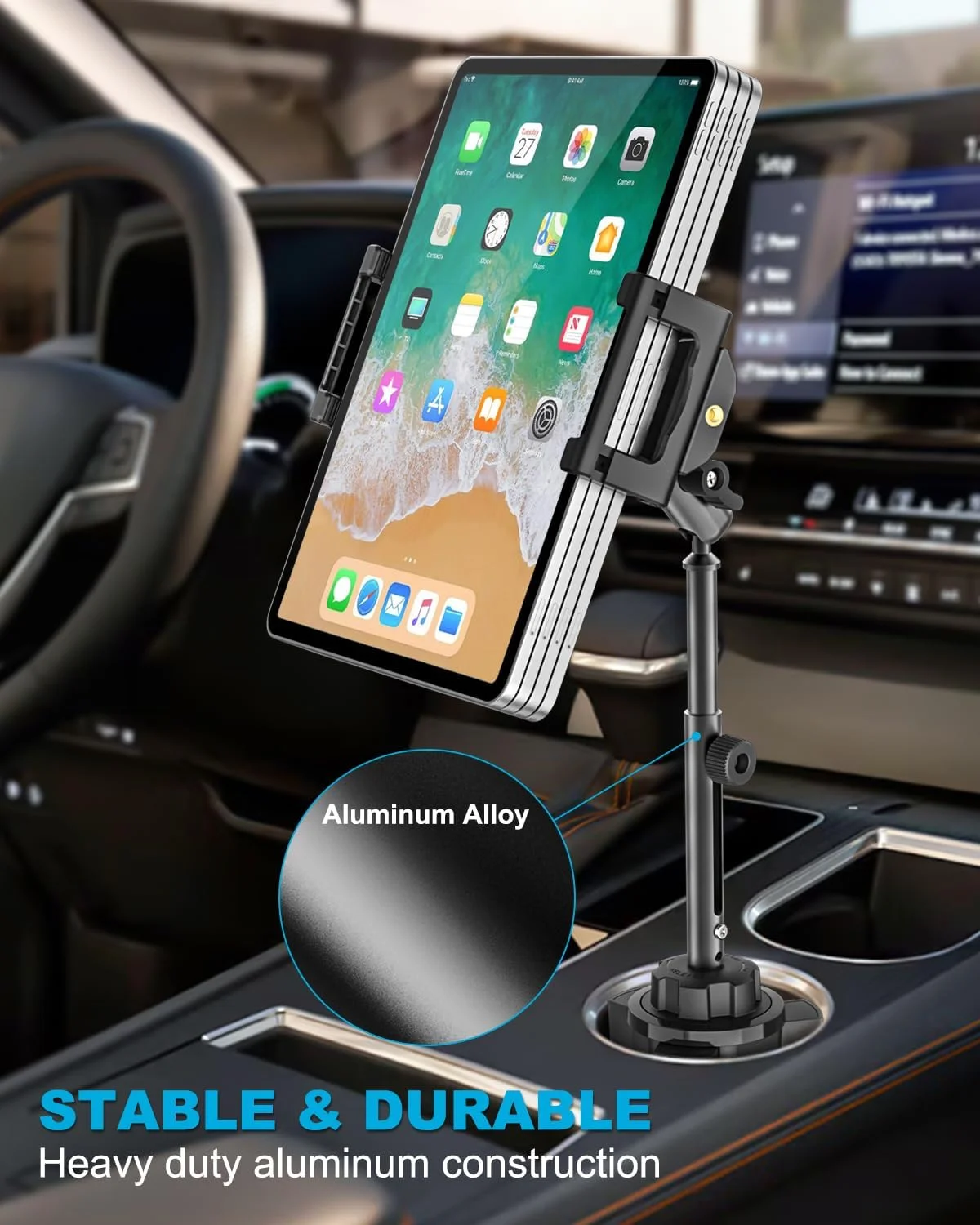 پایه نگهدارنده تبلت داخل خودرو، مناسب تبلت های بزرگ تا ۱۵.۶ اینچ، بازوی فلزی قابل تنظیم، گیره نگهدارنده تبلت، مناسب برای آیپد پرو ۱۳ ۱۲.۹ ایر مینی، گلکسی تب، آیفون، و دستگاه های ۶.۱ تا ۱۵.۶ اینچی