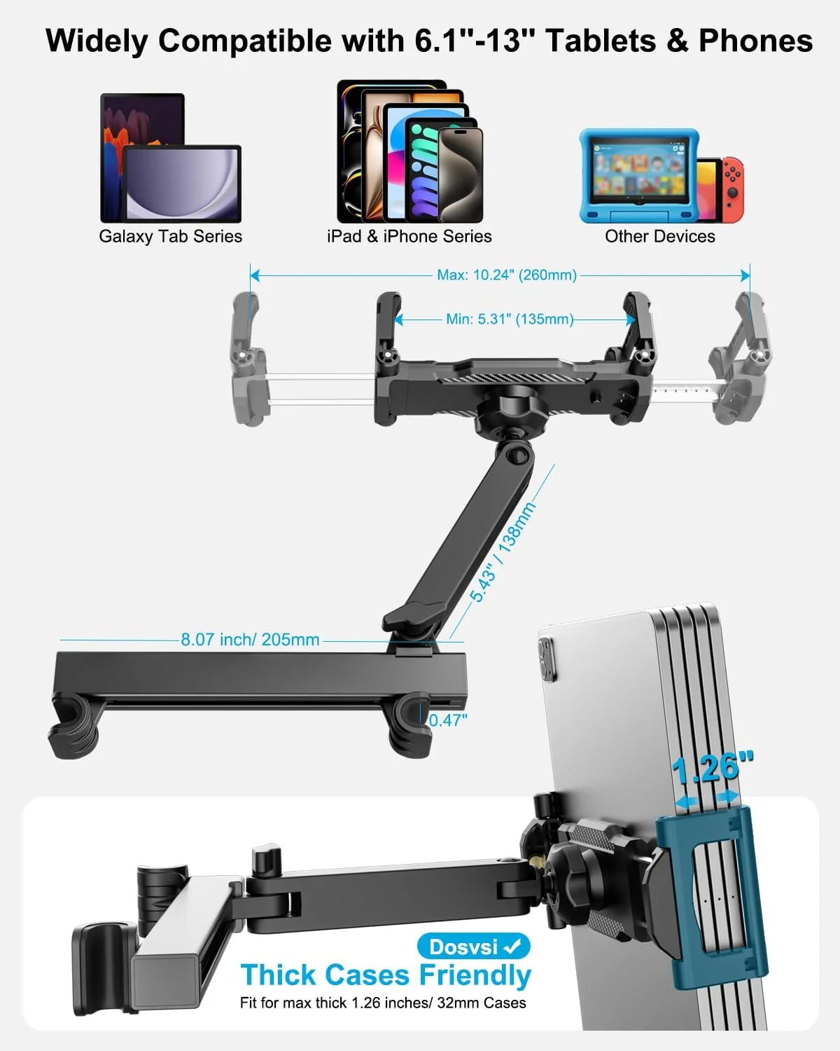 نگهدارنده تبلت صندلی عقب خودرو، پایه نگهدارنده تبلت پشت سری خودرو با بازوی کششی، لوازم ضروری سفر جاده ای برای کودک، مناسب برای آیپد پرو 12.9 ایر مینی، تب، آیفون، دستگاه 6.1-13 اینچی