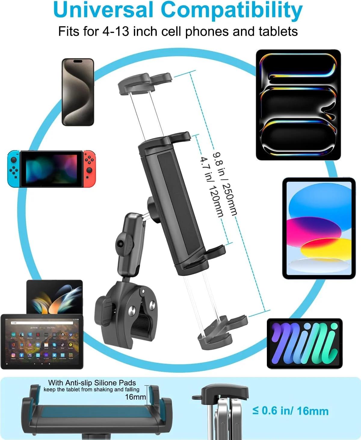پایه نگهدارنده تبلت یوک، گیره یوک آیپد برای هواپیما، بازوی فلزی قابل تنظیم 360 درجه، نگهدارنده تبلت آموزش هوانوردی برای آیپد پرو 13 12.9 11، آیپد ایر مینی، گلکسی تب، آیفون، دستگاه 4-13 اینچی