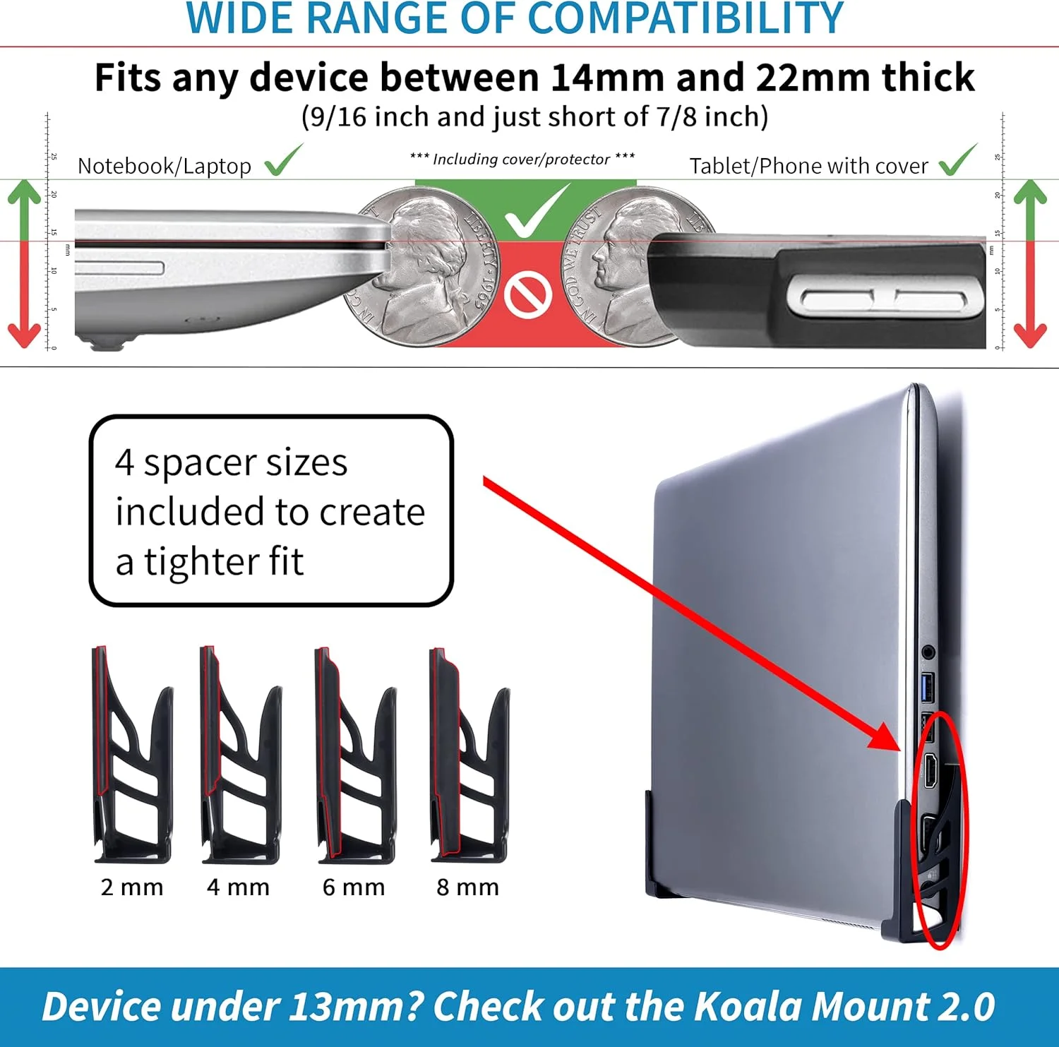 پایه دیواری Dockem Koala مدل 2XL: پایه نگهدارنده جهانی بدون آسیب رساندن یا با پیچ برای لپ‌تاپ‌ها، تبلت‌ها و تلفن‌های هوشمند با قاب‌های ضخیم‌تر (مشکی)