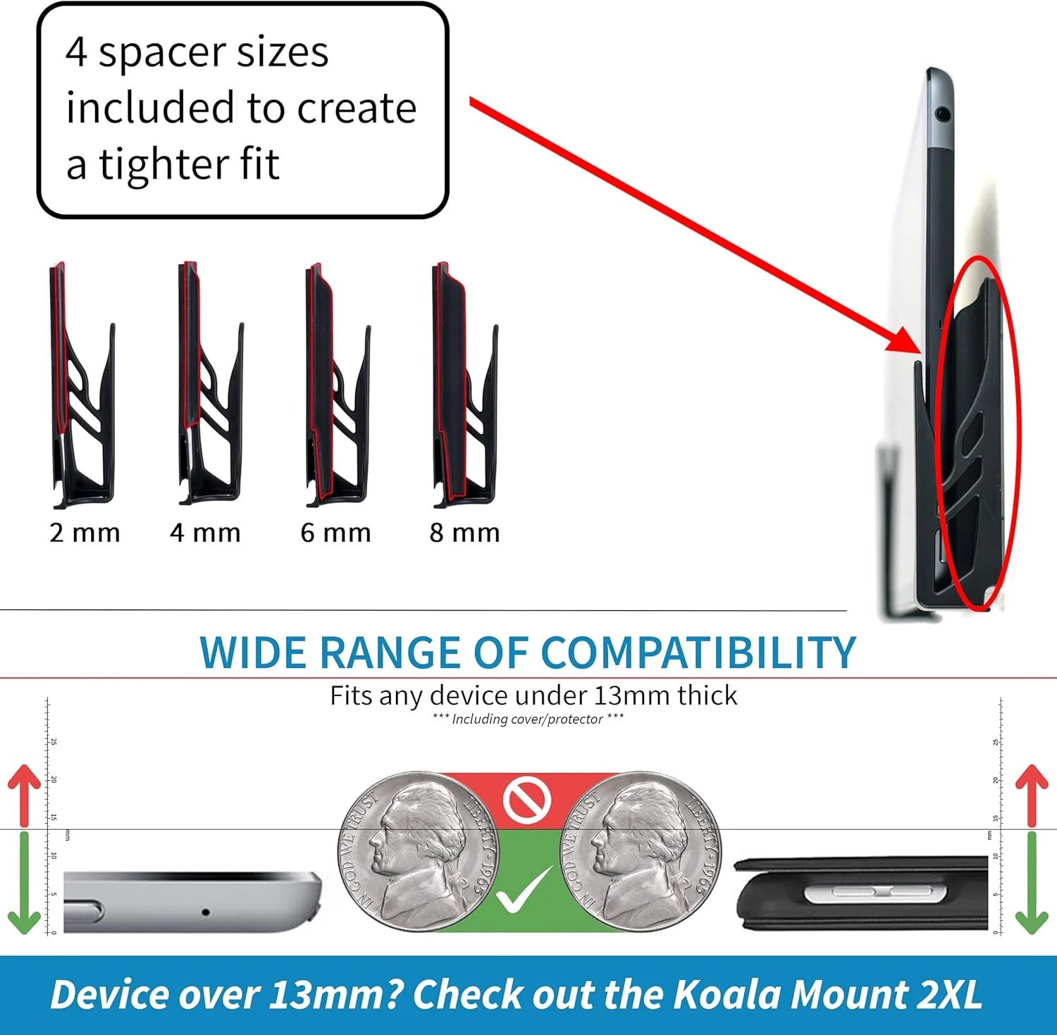 پایه دیواری Dockem Koala 2.0: پایه نگهدارنده جهانی بدون آسیب برای تلفن هوشمند، تبلت، کتابخوان الکترونیکی: برای آیپد 1، 2، 3، 4، ایر، مینی، آیپد پرو، سامسونگ گلکسی تب/نوت، گوگل نکسوس، مایکروسافت سرفیس (مشکی)