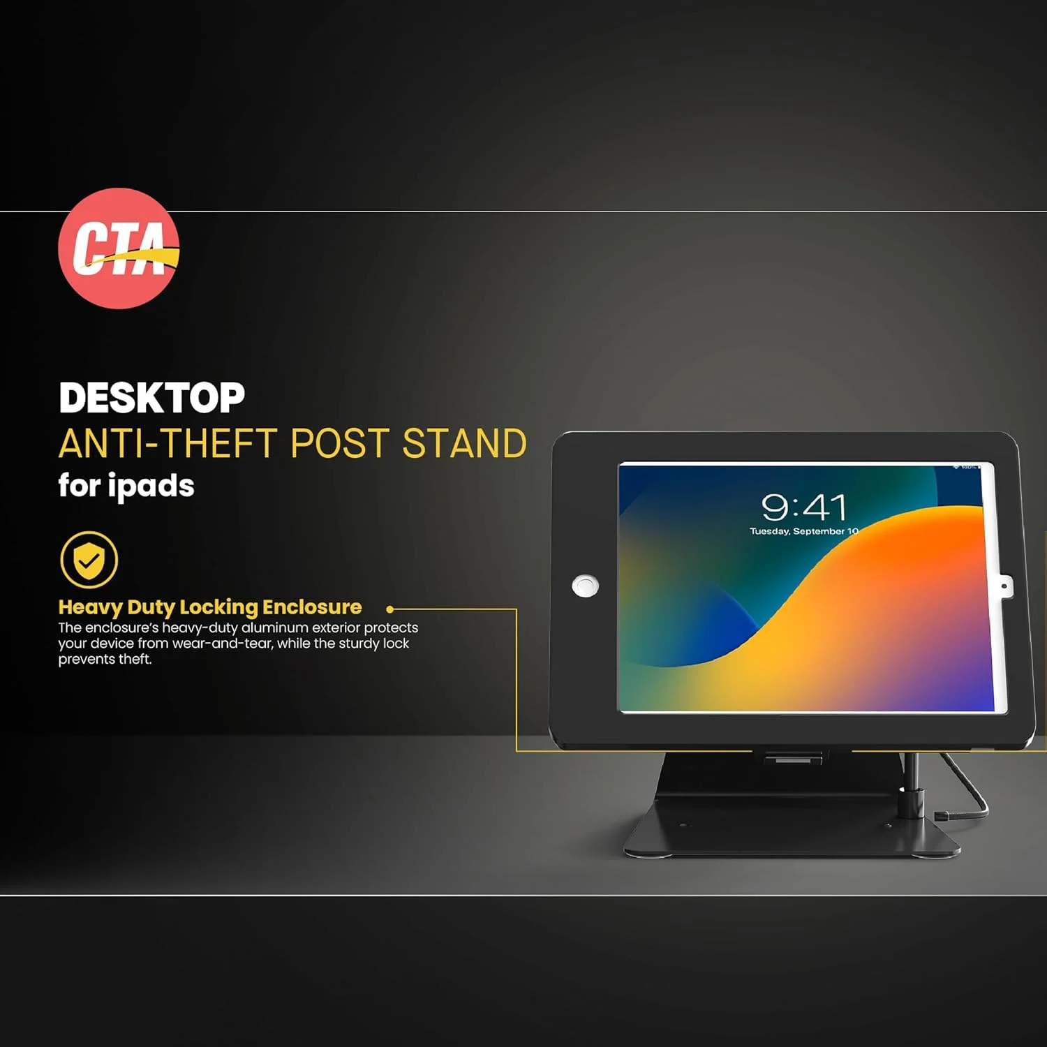 پایه ضد سرقت رومیزی CTA Digital – پایه کیوسک با قلم، بند و محفظه آلومینیومی برای آیپد نسل 11 A16 11 اینچ - نسل 10 10.9 اینچ - Air نسل 4 و 5 - 11 اینچ Pro و موارد دیگر - مشکی (PAD-DASB109)