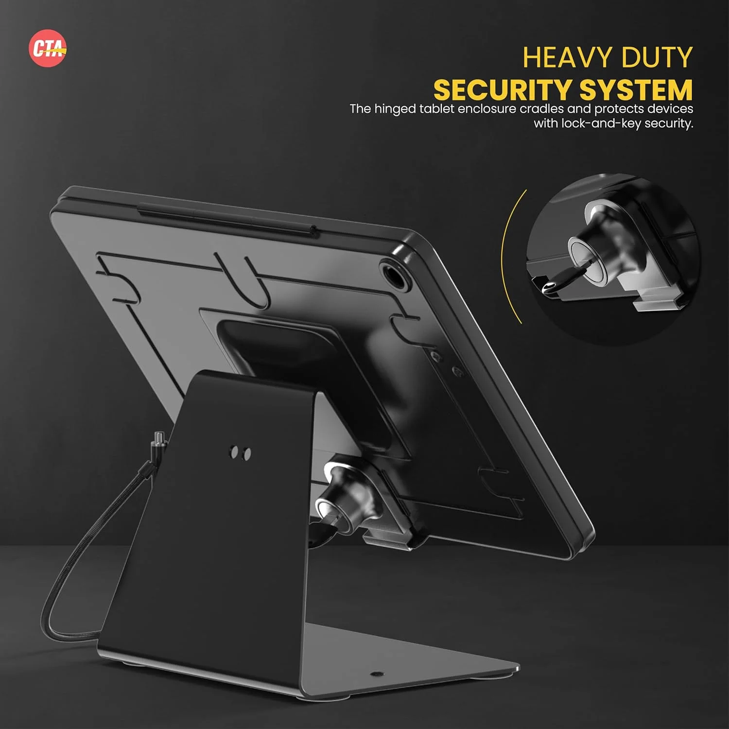 پایه ضد سرقت رومیزی CTA Digital – پایه کیوسک با قلم، بند و محفظه آلومینیومی برای آیپد نسل 11 A16 11 اینچ - نسل 10 10.9 اینچ - Air نسل 4 و 5 - 11 اینچ Pro و موارد دیگر - مشکی (PAD-DASB109)