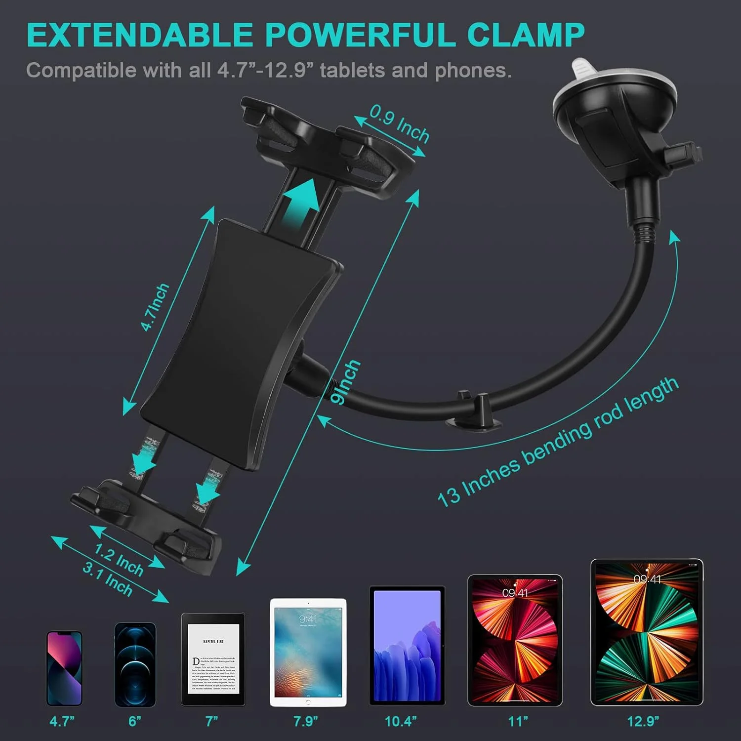پایه تبلت داشبورد خودرو، بازوی بلند 33 سانتیمتری گردن غازی، هولدر مکنده شیشه پنجره انعطافپذیر 360 درجه برای کامیون و SUV، مناسب برای آیپد پرو 12.9/11/10.5/9.7/Air/Mini 6 5 4، سامسونگ گلکسی، تبلت و گوشی 4.7 تا 12.9 اینچ پایه تبلت داشبورد خودرو، بازوی بلند 33 سانتیمتری گردن غازی، هولدر مکنده شیشه پنجره انعطافپذیر 360 درجه برای کامیون و SUV، مناسب برای آیپد پرو 12.9/11/10.5/9.7/Air/Mini 6 5 4، سامسونگ گلکسی، تبلت و گوشی 4.7 تا 12.9 اینچ