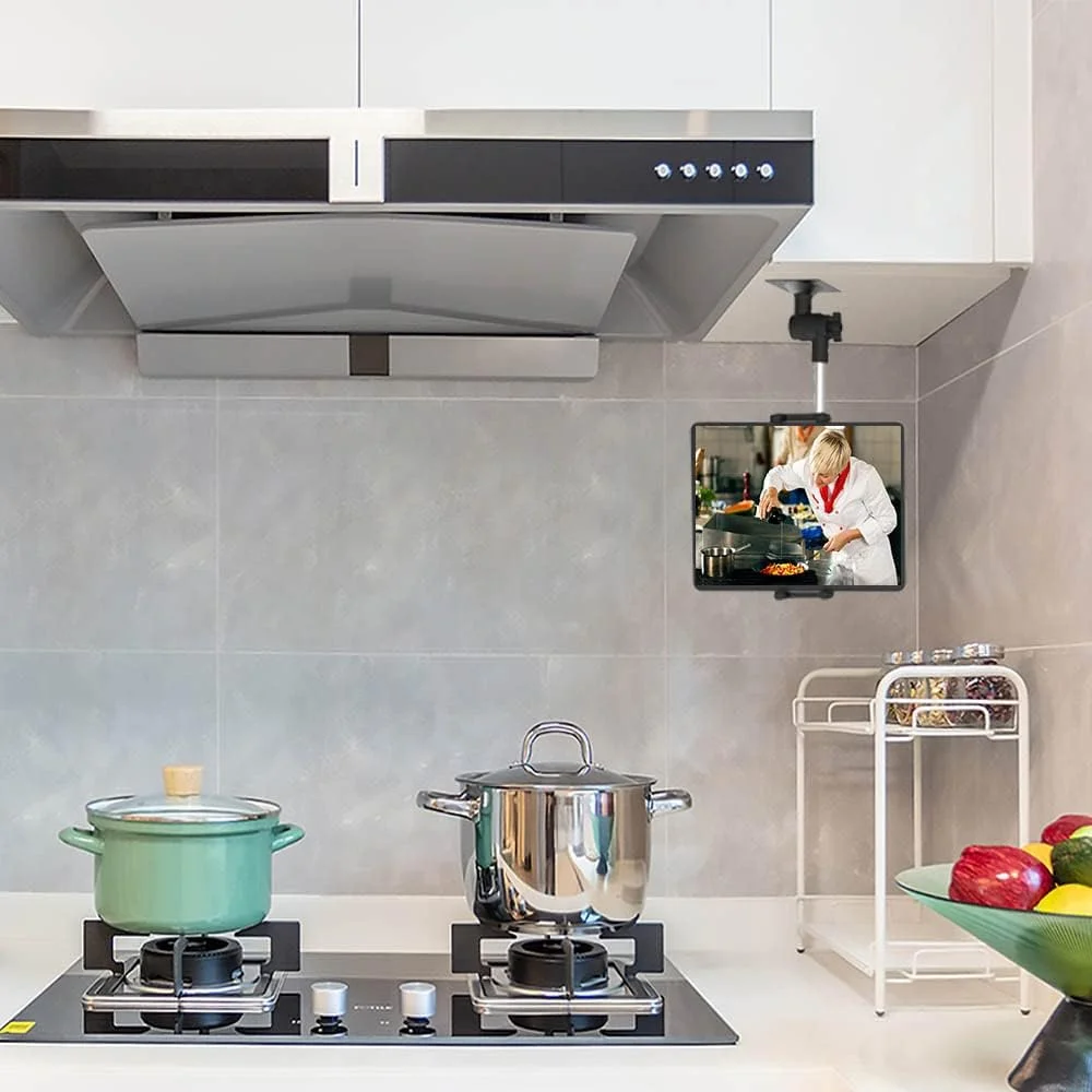 نگهدارنده تبلت دیواری برای آیپد و تلفن های 4 تا 13 اینچی، پایه دیواری فلزی انعطاف پذیر و مقاوم جهانی برای آیپد پرو 12.9 ایر مینی، سامسونگ تب، کیندل فایر HD، آیفون - برای آشپزخانه، اتاق خواب، انبار