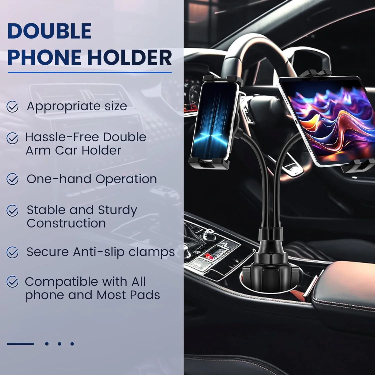 پایه نگهدارنده تبلت دوگانه فنجانی برای خودرو با قابلیت چرخش 360 درجه، گردن انعطاف پذیر بلند و اندازه جهانی قابل تنظیم مناسب برای اکثر تبلت های 4.7 تا 10 اینچ