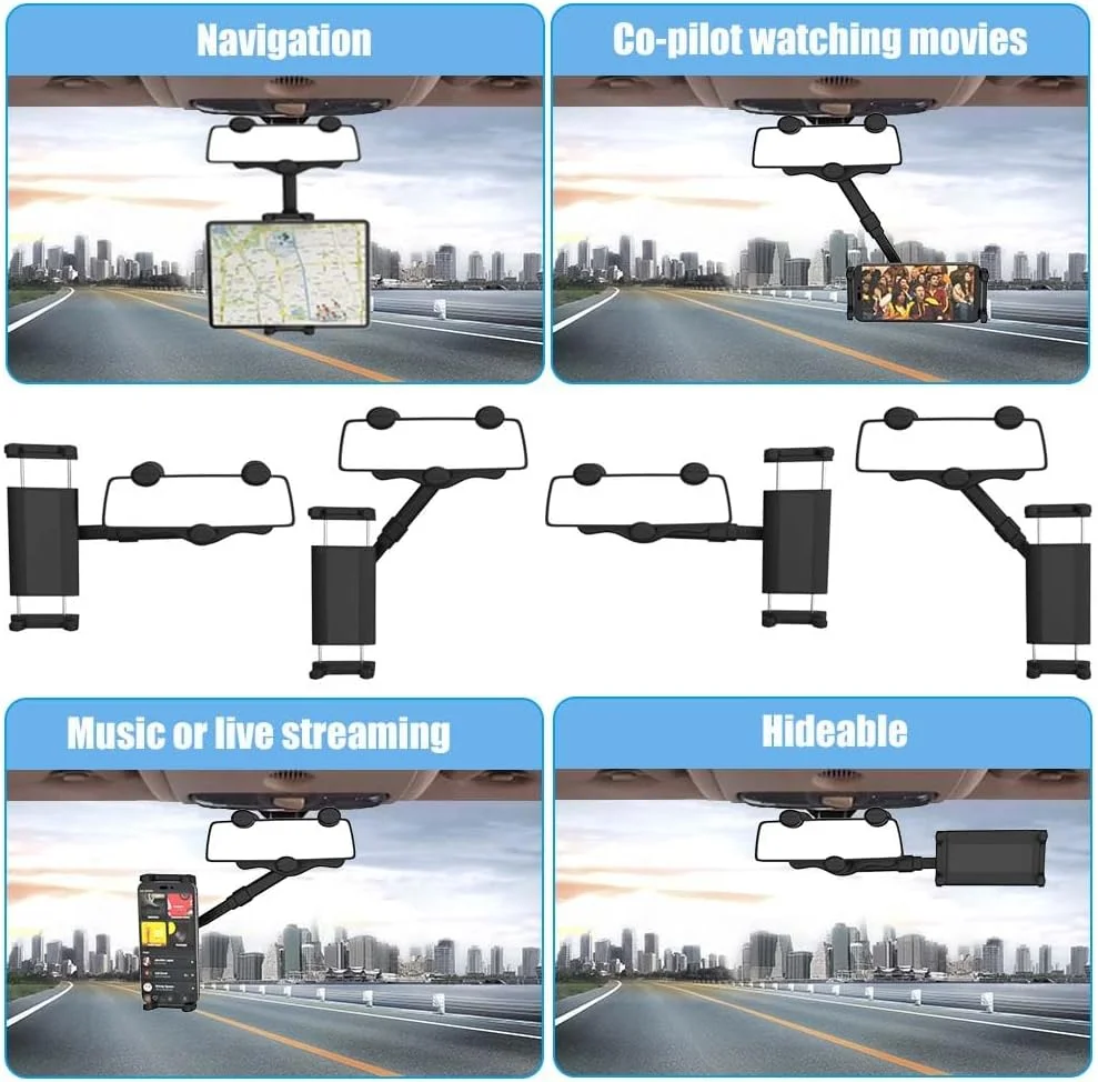 پایه نگهدارنده گوشی و تبلت آینه عقب خودرو مناسب برای آیپد و تلفن همراه 4 تا 13 اینچی، پایه نگهدارنده آینه عقب خودرو با قابلیت چرخش 360 درجه برای آیپد پرو 12.9 ایر مینی، گلکسی زد فولد 4 3، آیفون و غیره