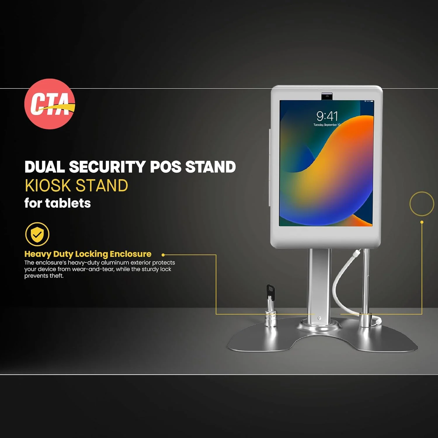 پایه رومیزی کیوسک آیپد CTA Digital با امنیت دوگانه، نقره ای، مناسب آیپد مینی 6 و 7، چرخش 360 درجه، قفل و کابل، مناسب فروشگاه ها، رستوران ها و غیره