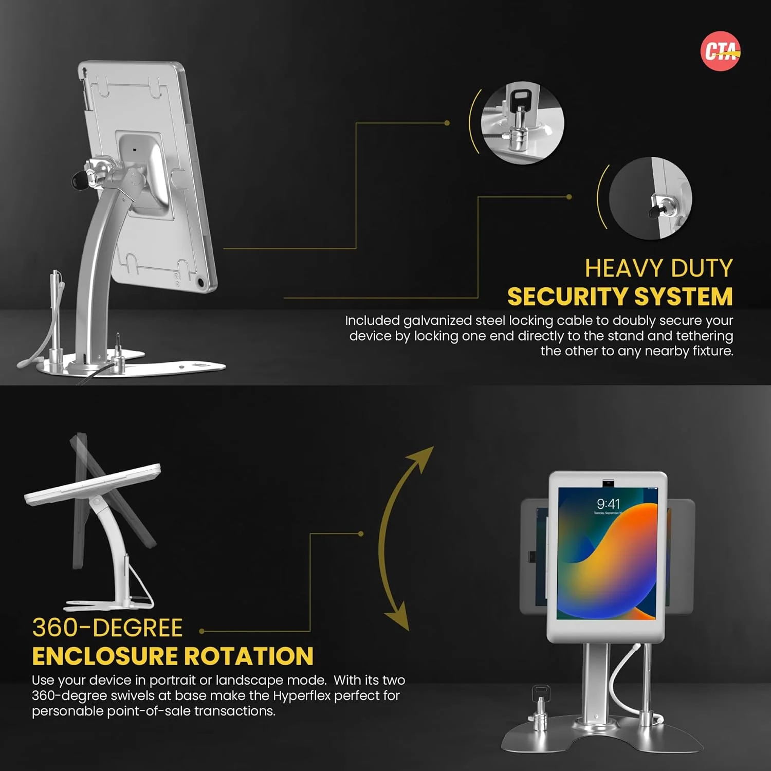پایه رومیزی کیوسک آیپد CTA Digital با امنیت دوگانه، نقره ای، مناسب آیپد مینی 6 و 7، چرخش 360 درجه، قفل و کابل، مناسب فروشگاه ها، رستوران ها و غیره