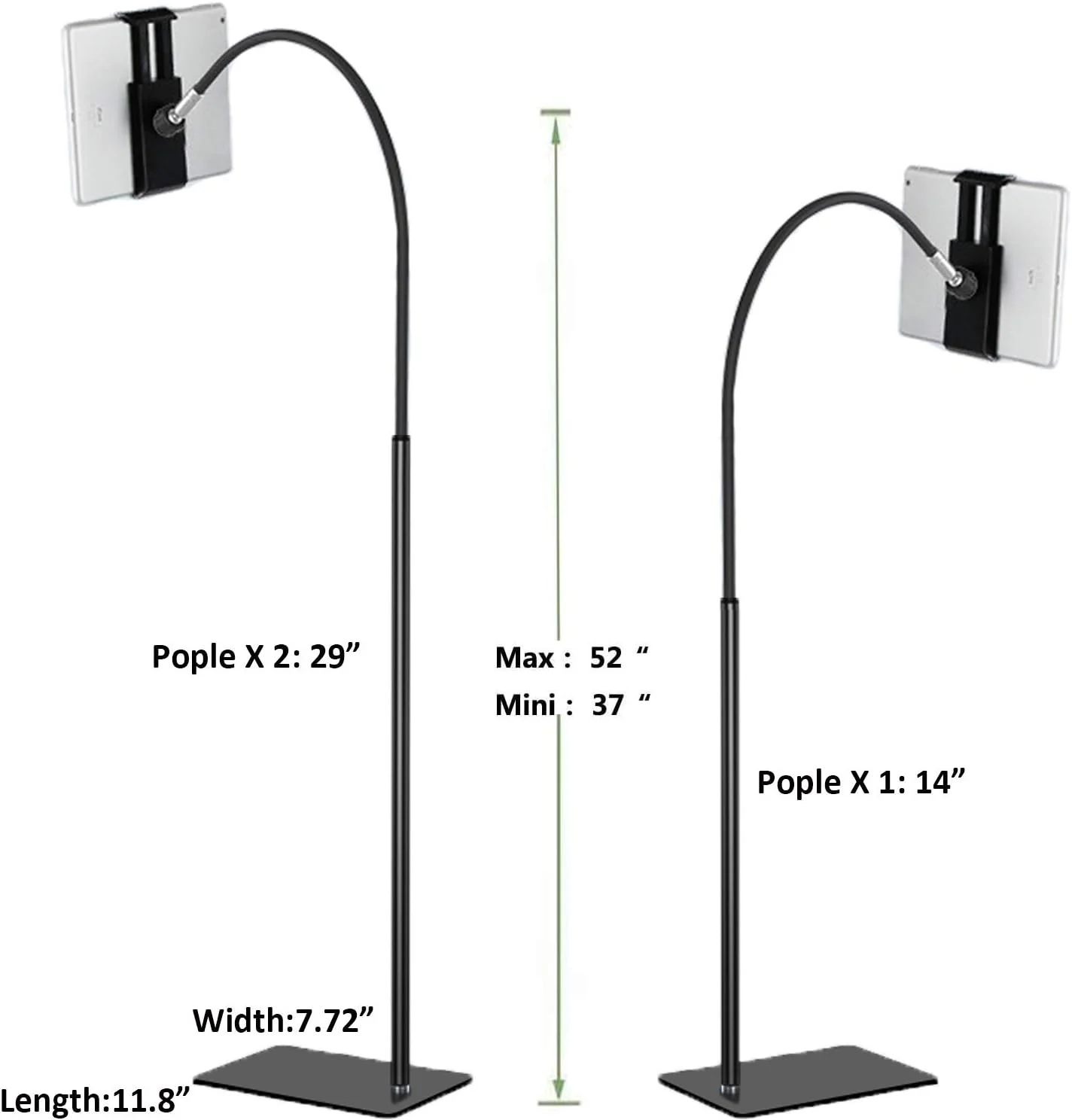 پایه نگهدارنده تبلت با گردن غازی انعطاف پذیر و پایه ثابت، پایه تبلت قابل تنظیم با چرخش 360 درجه برای آیپد، تلفن همراه در اندازه 3.5-9.7 اینچ، مشکی
