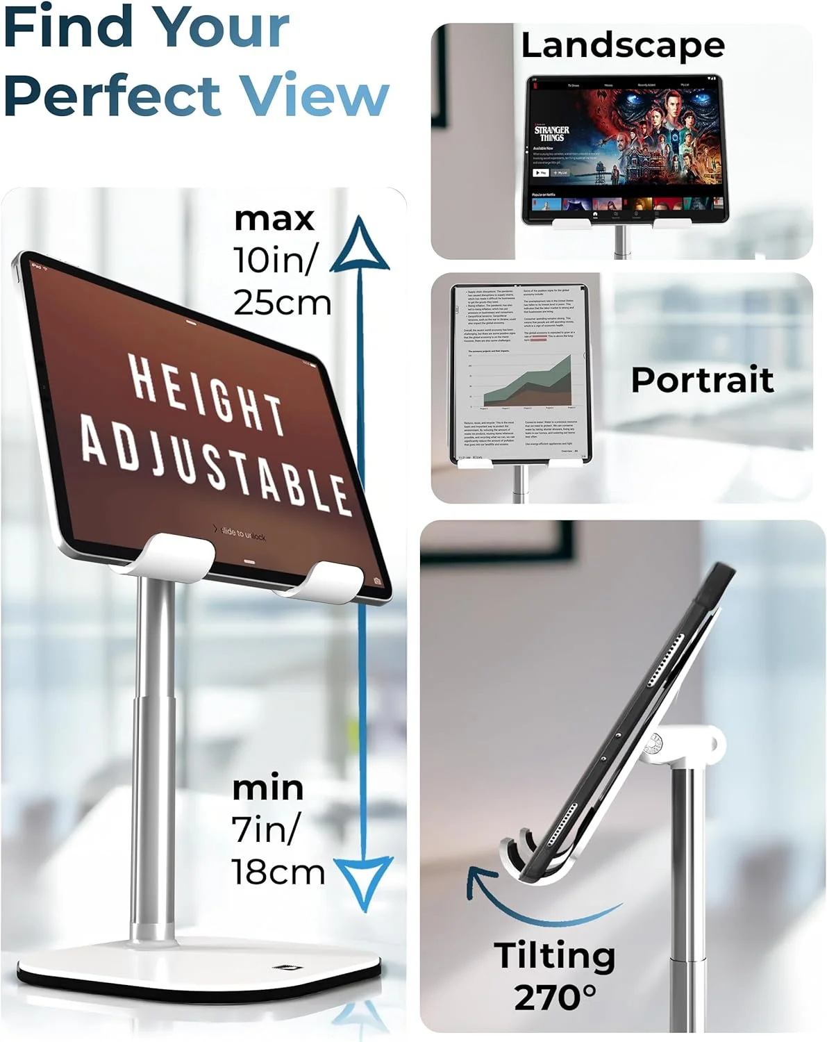 نگهدارنده تبلت COOPER، پایه تبلت قابل تنظیم ارتفاع 7-10 اینچی، پایه آیپد رومیزی ممتاز، نگهدارنده مانیتور قابل حمل با شیب 270 درجه برای نمایشگرهای 15.6-17 اینچی، مناسب برای همه تبلت های آیپد، کیندل، سرفیس، سامسونگ (مشکی)