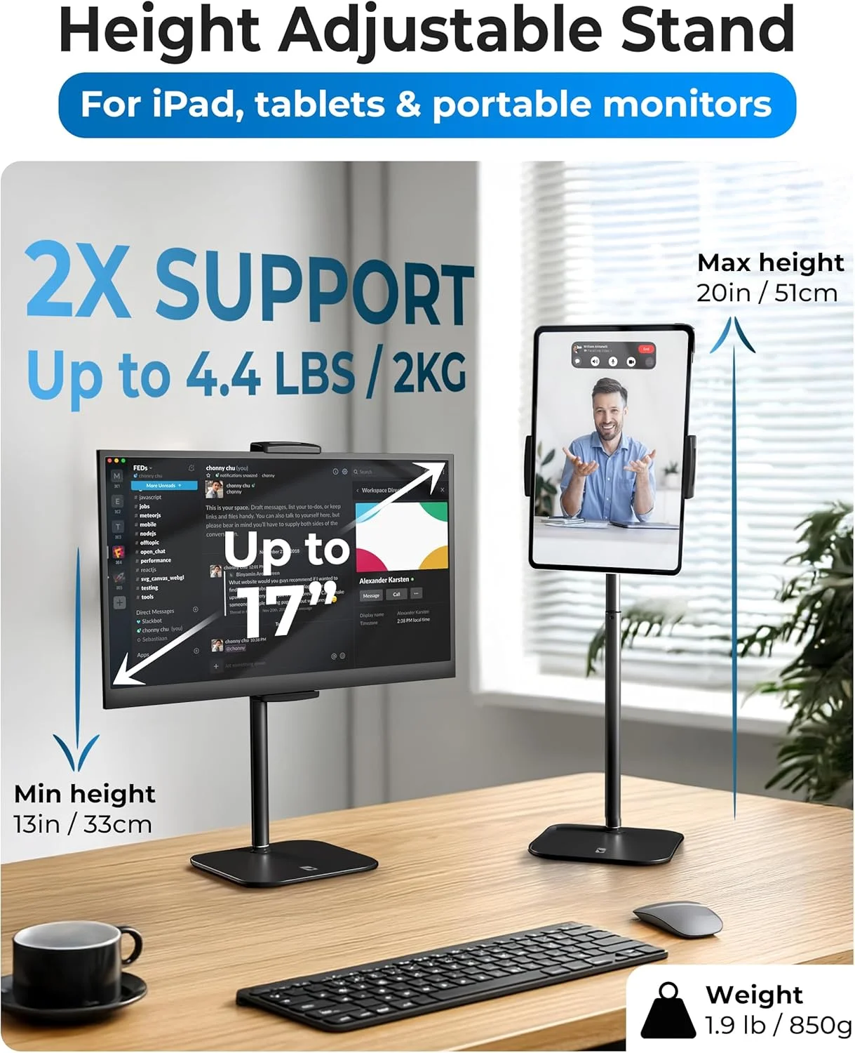 پایه تبلت کوپر TabStand، 50 سانتی‌متری، پایه رومیزی آیپد، نگهدارنده مانیتور قابل حمل تا 17 اینچ، تحمل وزن تا 2 کیلوگرم، پایه تبلت رومیزی، پایه تبلت، نگهدارنده آیپد اپل برای میز، مناسب برای سامسونگ، کیندل، فایر (مشکی شب)