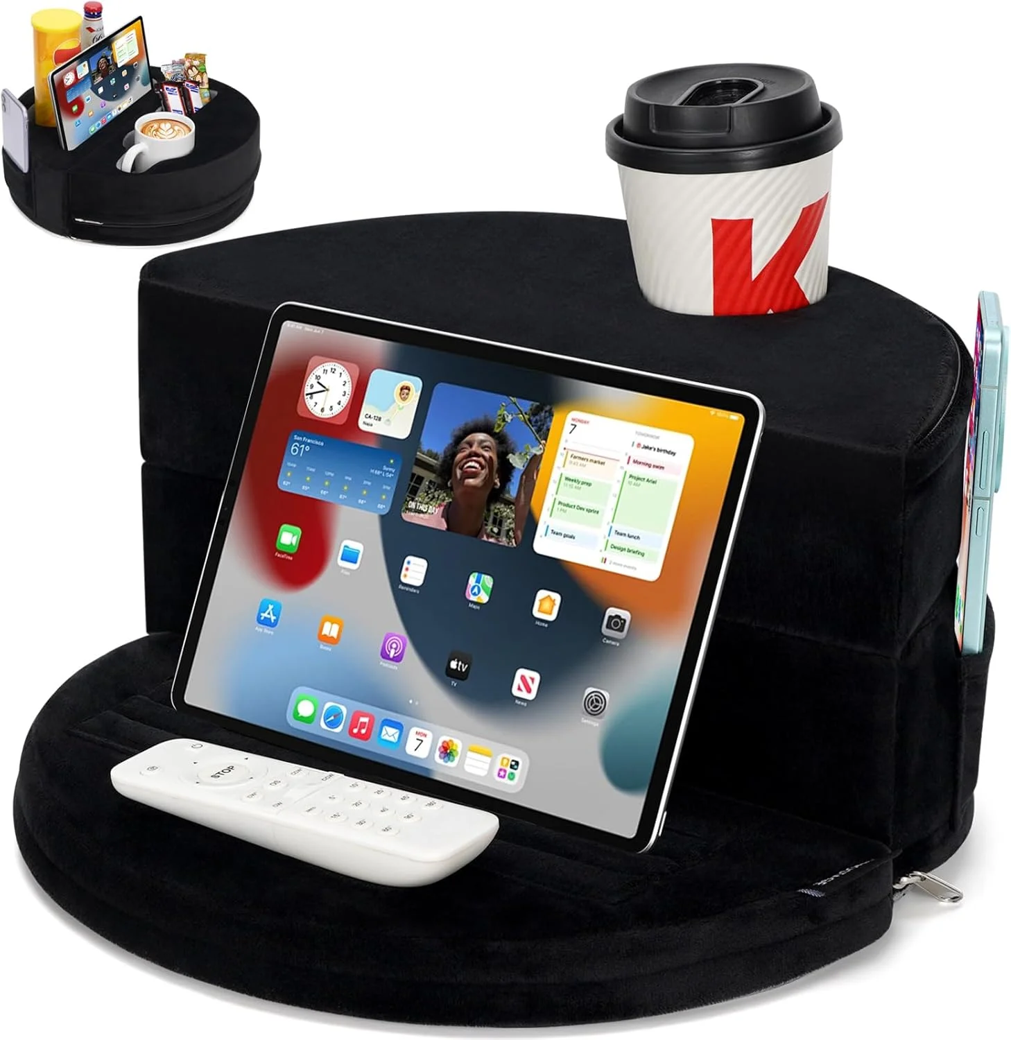 نگهدارنده لیوان مبل 2 در 1 و پایه تبلت قابل تنظیم - نگهدارنده مبل با نگهدارنده لیوان با 6 سوراخ و 2 جیب | بالش مطالعه تخت برای نوشیدنی ها، کتاب ها، پد، کیندل، تنقلات (مشکی)