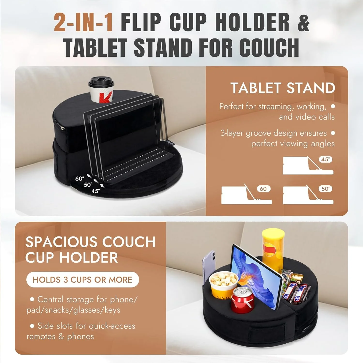 نگهدارنده لیوان مبل 2 در 1 و پایه تبلت قابل تنظیم - نگهدارنده مبل با نگهدارنده لیوان با 6 سوراخ و 2 جیب | بالش مطالعه تخت برای نوشیدنی ها، کتاب ها، پد، کیندل، تنقلات (مشکی)