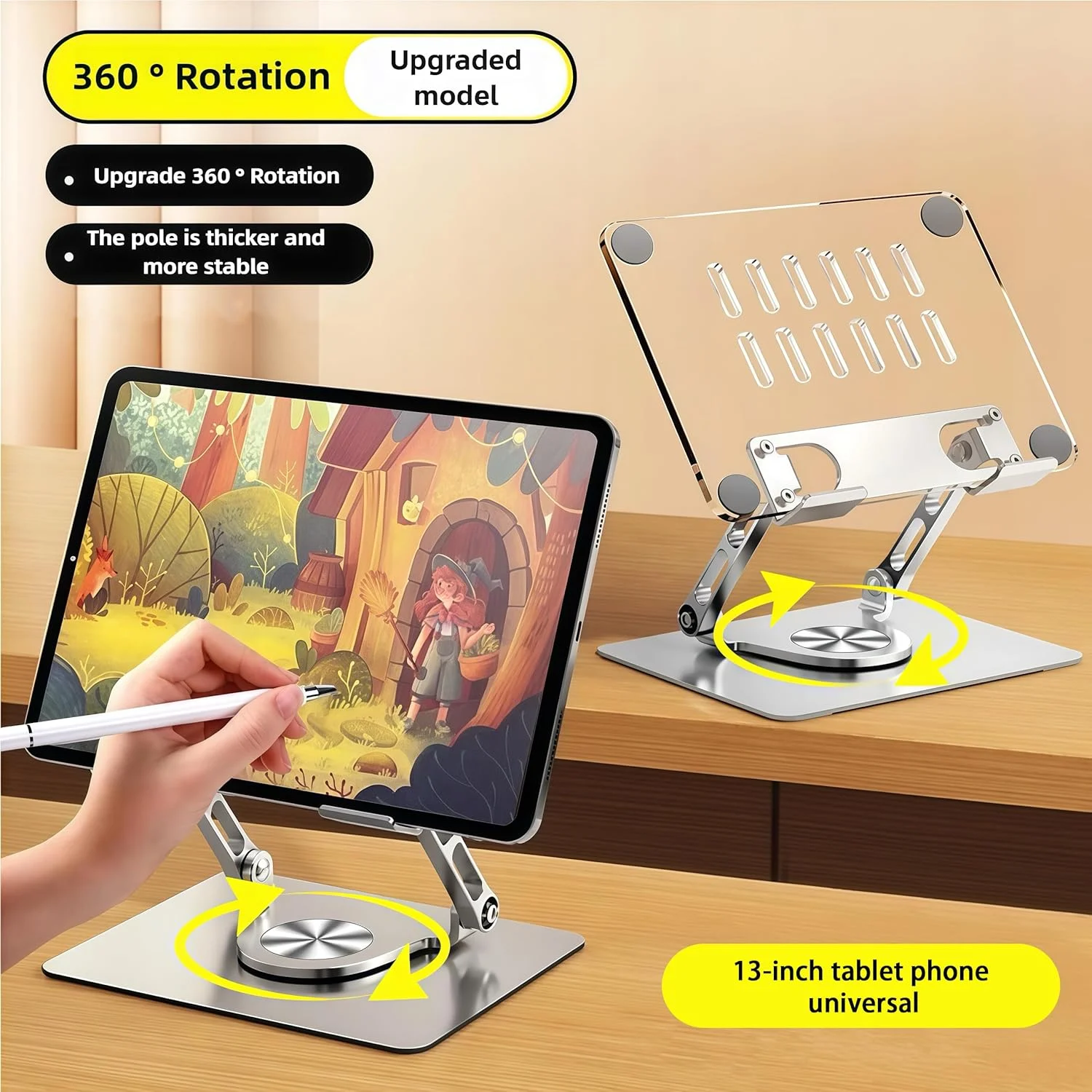 پایه نگهدارنده تبلت آکریلیک - پایه رومیزی آیپد قابل تنظیم با پایه چرخان 360 درجه، سازگار با دستگاه های 4.7-12.9 اینچی مانند آیپد پرو ایر مینی و غیره، شفاف + نقره ای