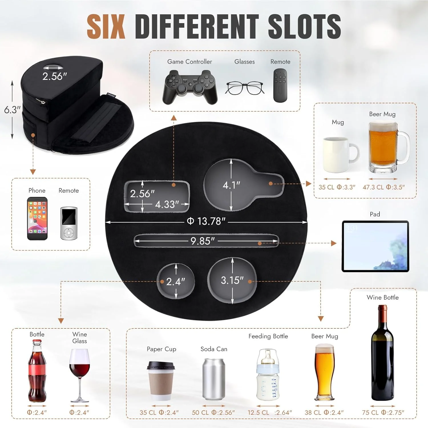نگهدارنده لیوان مبل 2 در 1 و پایه تبلت قابل تنظیم - نگهدارنده مبل با نگهدارنده لیوان با 6 سوراخ و 2 جیب | بالش مطالعه تخت برای نوشیدنی ها، کتاب ها، پد، کیندل، تنقلات (مشکی)