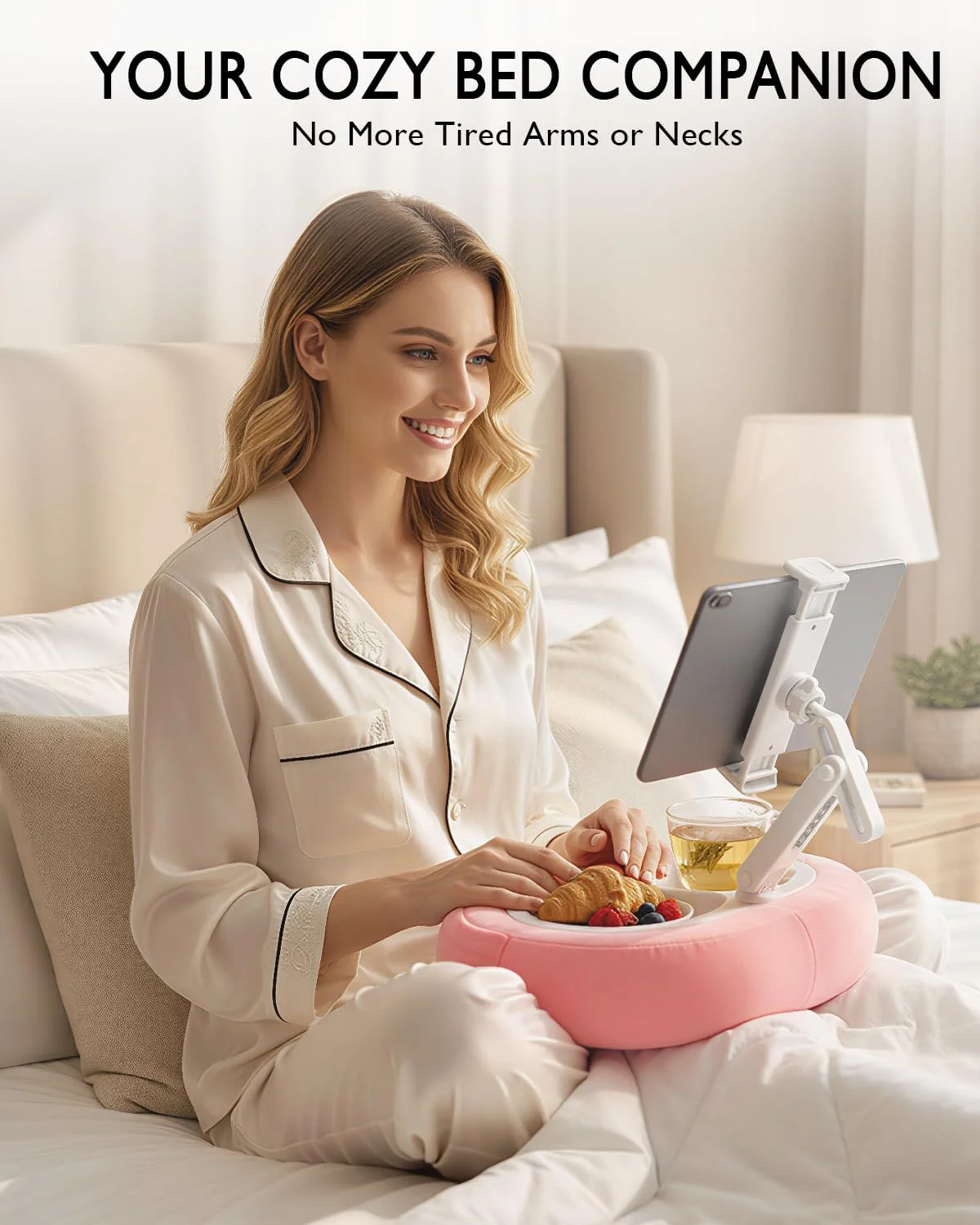 پایه نگهدارنده تبلت، سازگار با کیندل، آیپد، تلفن/تبلت 5 تا 12.9 اینچی، گوگل، سامسونگ، نگهدارنده تلفن با قابلیت چرخش 360 درجه برای تخت، پارچه مخمل خواب دار نرم، کاسه جداشدنی، مناسب برای مطالعه و استراحت روی تخت، صورتی