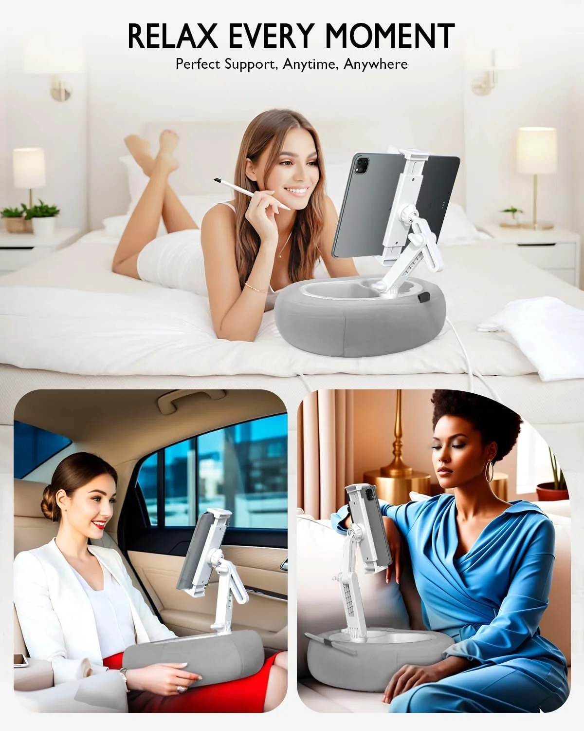 پایه نگهدارنده تبلت، سازگار با کیندل، آیپد، گوشی/تبلت 4.7 تا 12.9 اینچی، گوگل، هولدر گوشی با قابلیت چرخش 360 درجه برای تخت، دارای کاسه جداشدنی، مناسب برای مطالعه و استراحت روی تخت، خاکستری، کوچک (بالشت مخملی)