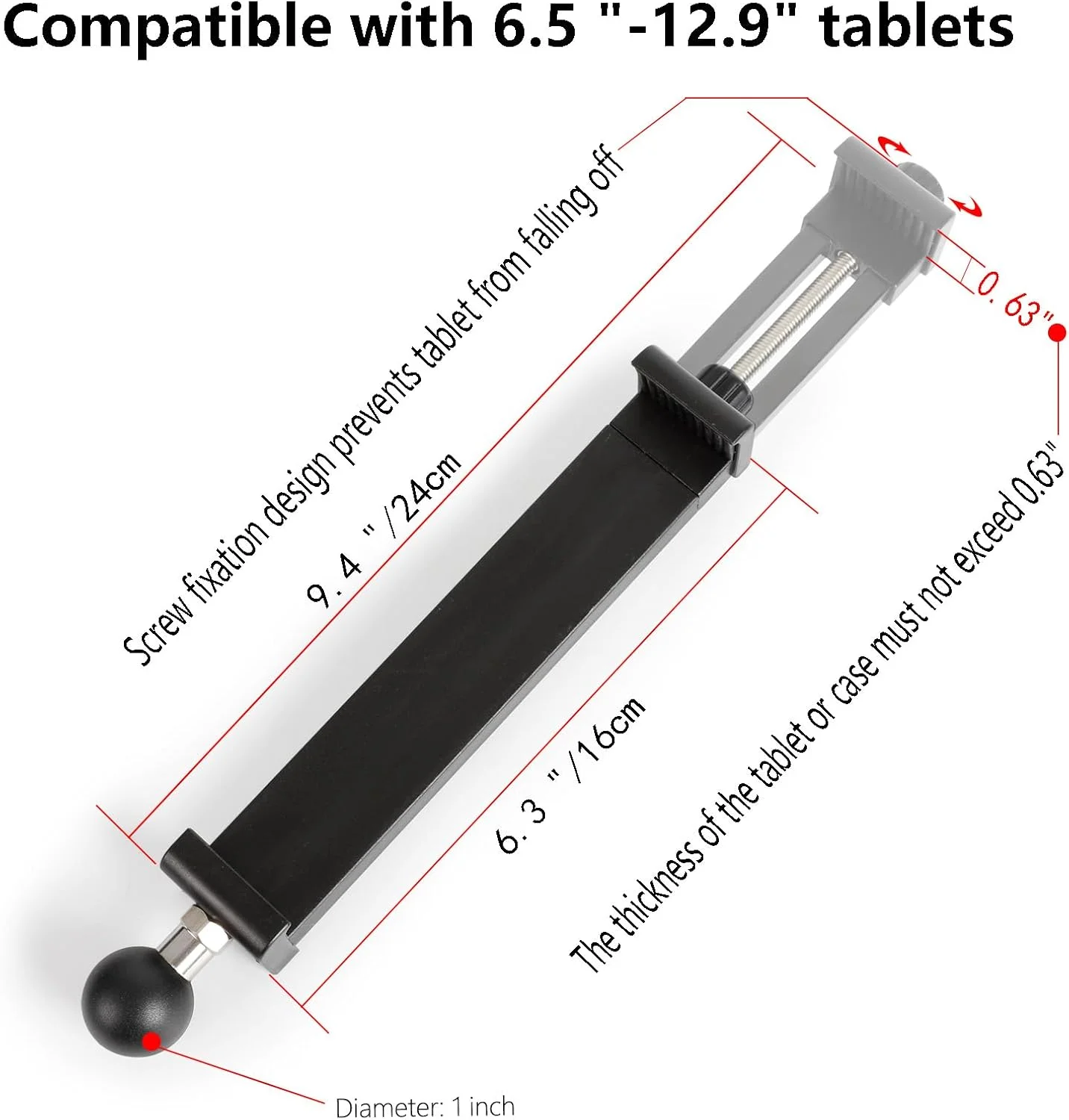 نگهدارنده تبلت با سر توپی روکش TPU 1 اینچی برای آیپد پرو 12.9 ایر مینی/سامسونگ گلکسی تب، طراحی سبک وزن، چرخش 360 درجه، سازگار با بازوی دوتایی سوکت سایز B رم Mounts