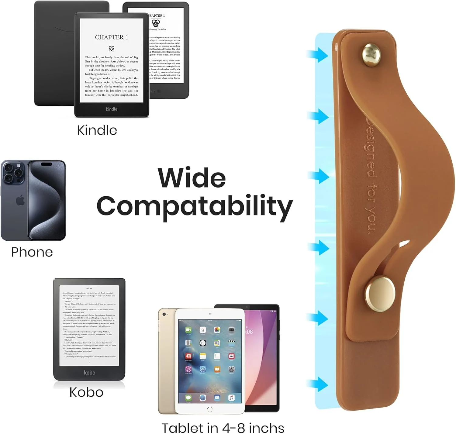 نگهدارنده بند دستی CoBak برای کیندل/تبلت - TPU سبک وزن با چسبندگی قوی یک دستی، پایه برای تلفن، سفتی قابل تنظیم برای تبلت کتاب الکترونیکی کیندل/کوبو/ویاگا/لنوو/سونی، قهوه ای