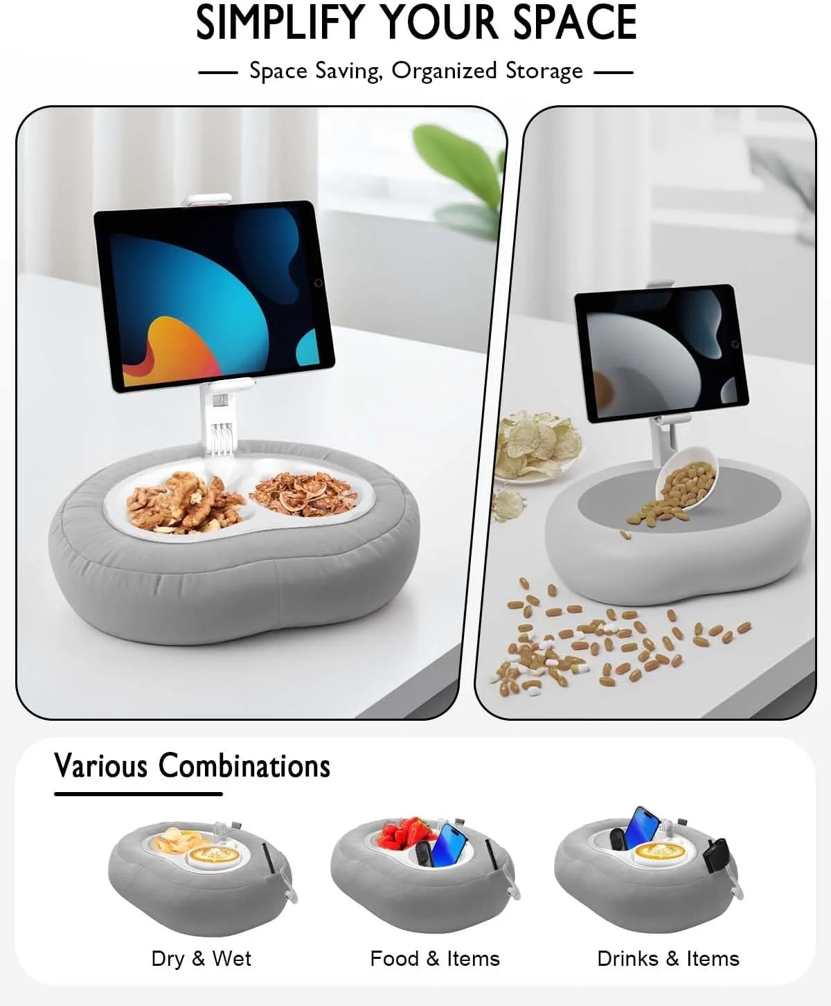 پایه نگهدارنده تبلت، سازگار با کیندل، آیپد، گوشی/تبلت 4.7 تا 12.9 اینچی، گوگل، هولدر گوشی با قابلیت چرخش 360 درجه برای تخت، دارای کاسه جداشدنی، مناسب برای مطالعه و استراحت روی تخت، خاکستری، کوچک (بالشت مخملی)