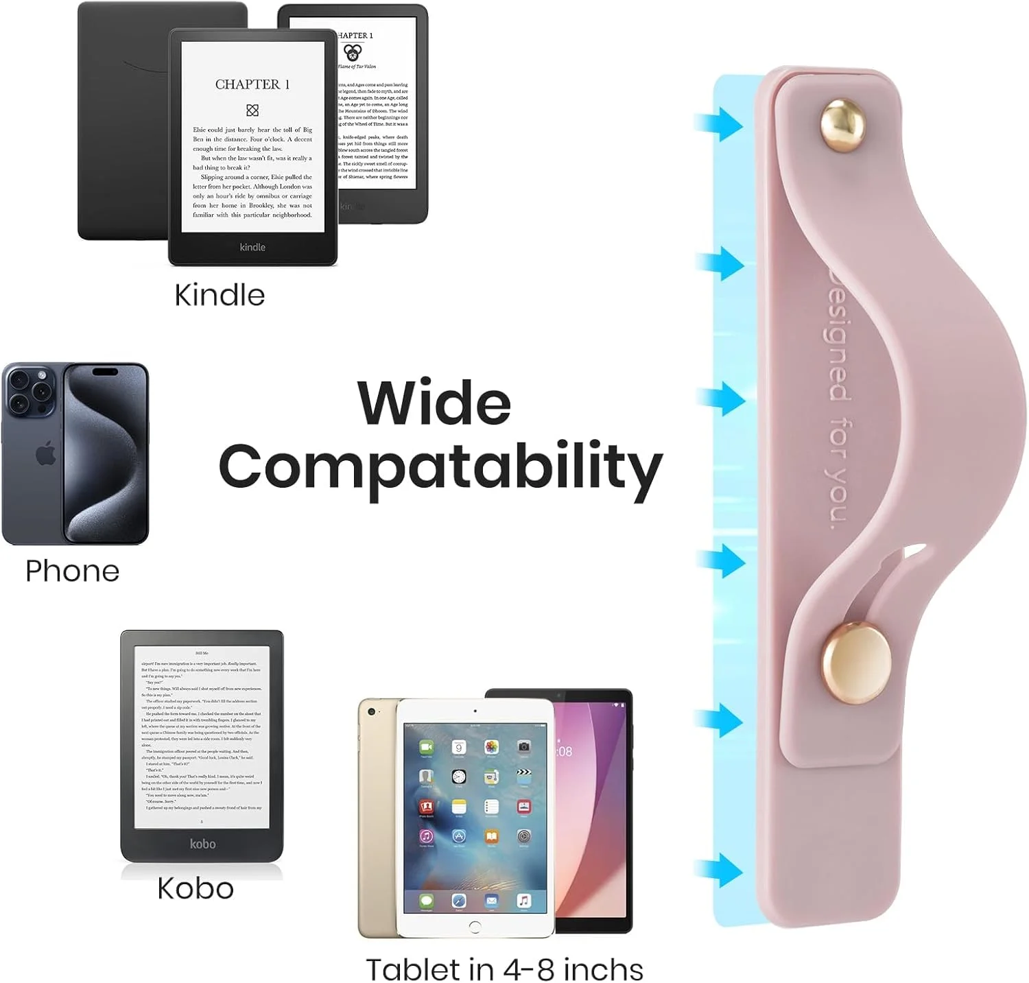 نگهدارنده بند دستی CoBak برای کیندل/تبلت - گیره سبک وزن TPU تک دستی با چسبندگی قوی، پایه برای تلفن، سفتی قابل تنظیم برای تبلت کتاب الکترونیکی کیندل/کوبو/ویاگا/لنوو/سونی، صورتی