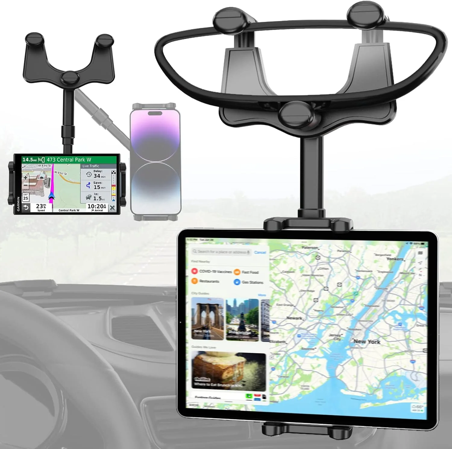 پایه نگهدارنده تبلت و گوشی Charchendo برای آینه عقب خودرو، مناسب برای دستگاه‌های 4 تا 13 اینچی، چرخش 360 درجه، ضد لرزش، سازگار با آیپد پرو 12.9/ایر/مینی، گلکسی زد، گارمین