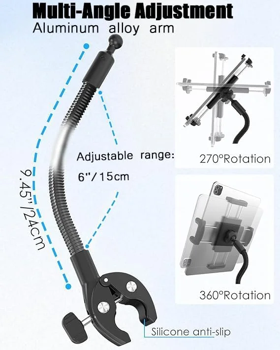 نگهدارنده تبلت Charchendo برای دسته ویلچر، پایه تبلت و تلفن همراه ویلچر با بازوی آلومینیومی 9.45 اینچی با قابلیت چرخش 360 درجه سازگار با آیپد پرو/ایر/مینی 4-13 اینچی، آیفون، گلکسی زد، کتاب الکترونیکی