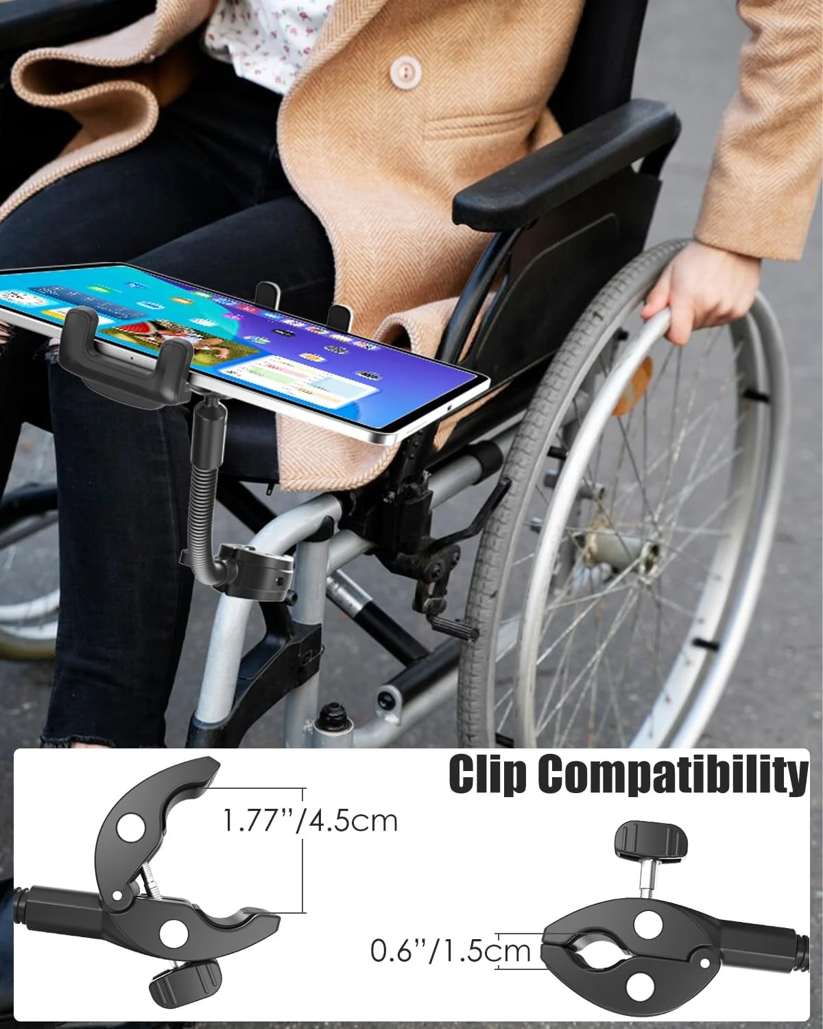 نگهدارنده تبلت Charchendo برای دسته ویلچر، پایه تبلت و تلفن همراه ویلچر با بازوی آلومینیومی 9.45 اینچی با قابلیت چرخش 360 درجه سازگار با آیپد پرو/ایر/مینی 4-13 اینچی، آیفون، گلکسی زد، کتاب الکترونیکی